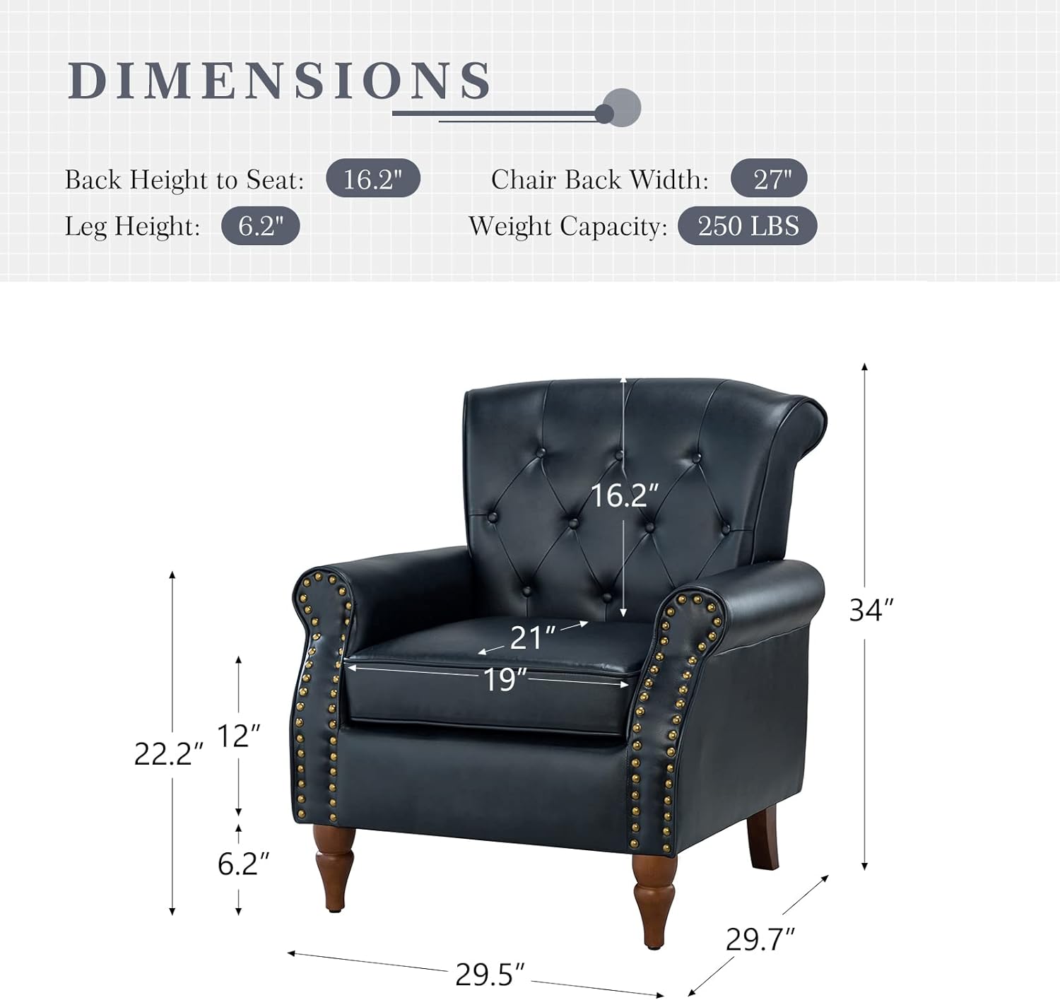Faux Leather Accent Chair Set Of 2 -Century Living Room Armchairs With Solid Wood Legs Padded PU Leather Chair Button Tufted Back Sofa Chair For Living Room Bedroom Home Reception,Navy