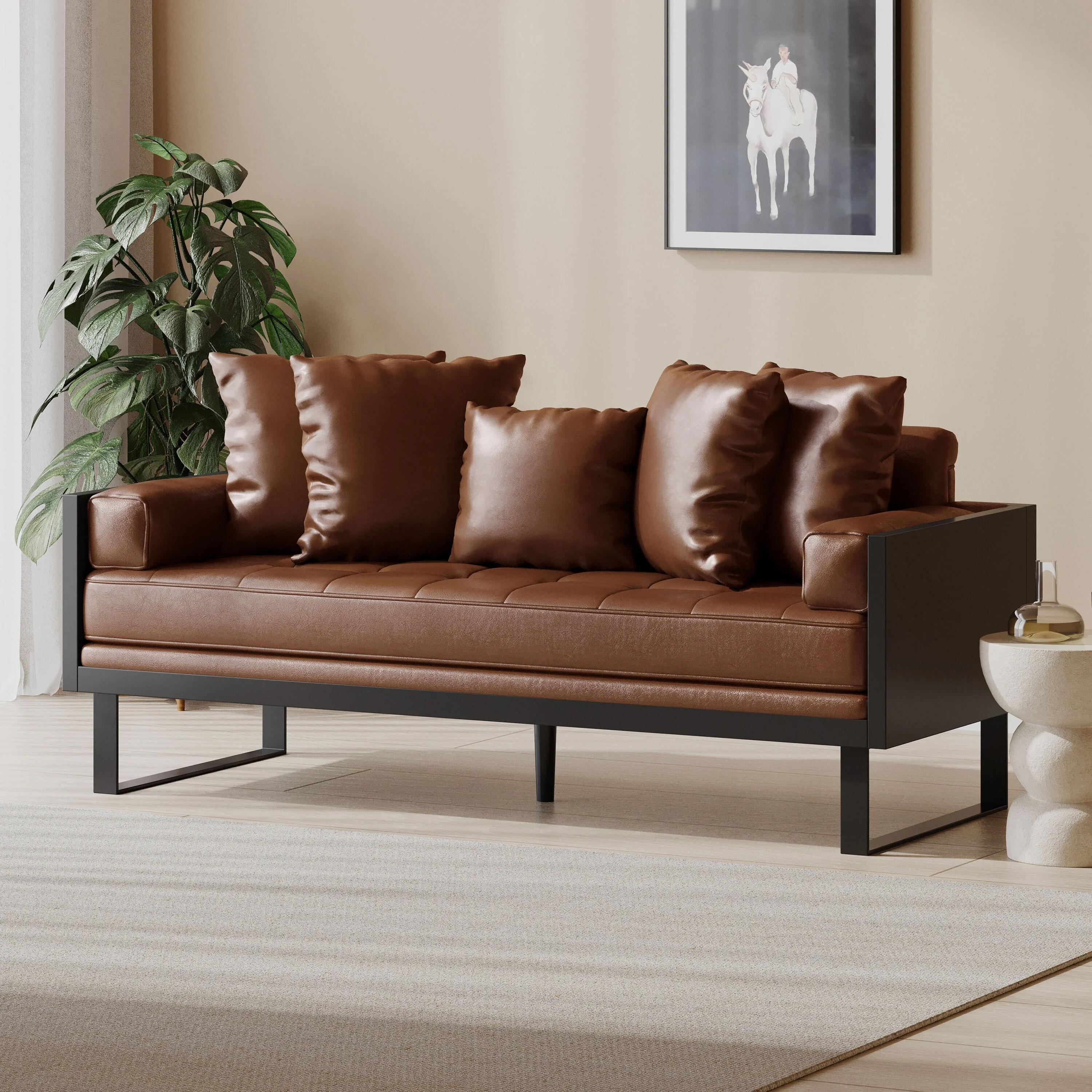 Christopher Knight Home Gilmans Faux Leather Upholstered Oversized Loveseat with Accent Pillows by  Dark Brown/Black Faux Leather, Wood