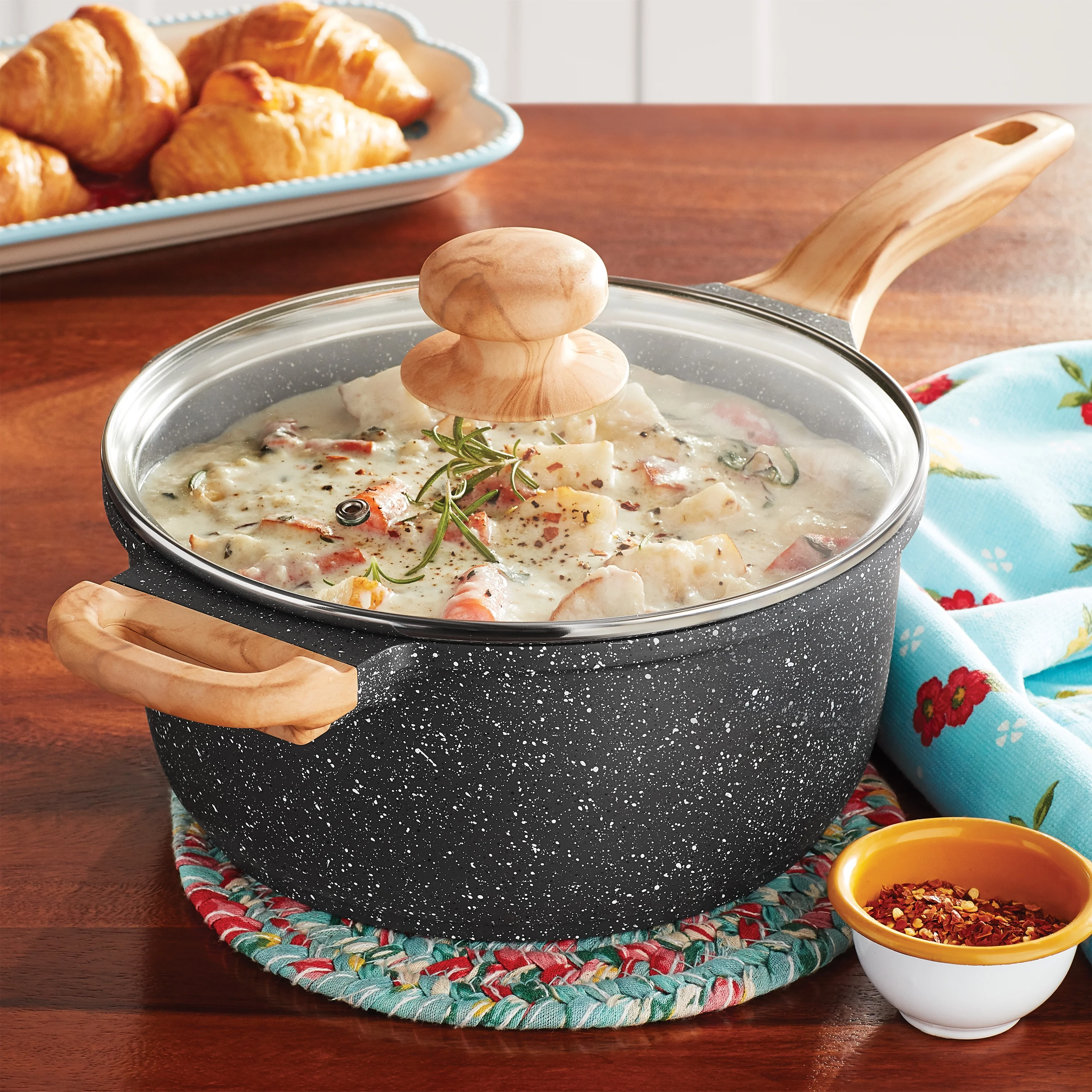 The Pioneer Woman Prairie Signature Cast Aluminum 4 Quart Sauce Pan, Charcoal Speckle