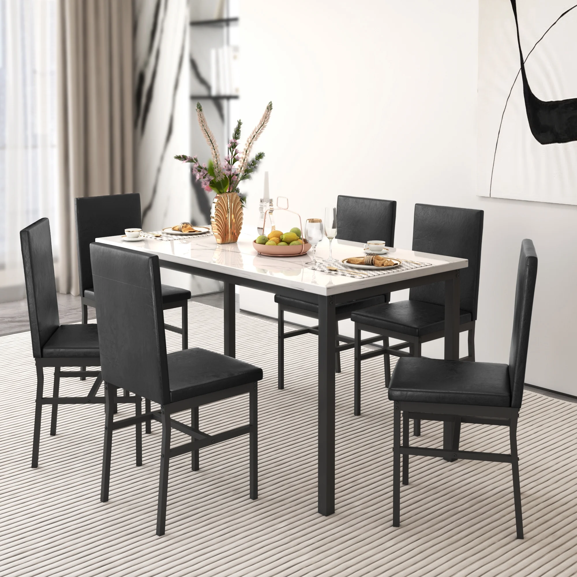 7 Piece Dining Table Set, Kitchen Dining Table and Chairs Set for 6, Modern Marble Table and 4 PU Leather Upholstered Chairs, Home Dining Set for Small Space, Breakfast Nook, D9209