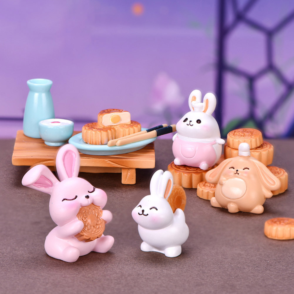 Farfi Resin Dollhouse Miniature Mid-Autumn Festival Cute Moon Cake Rabbit Ornaments (Type 3)