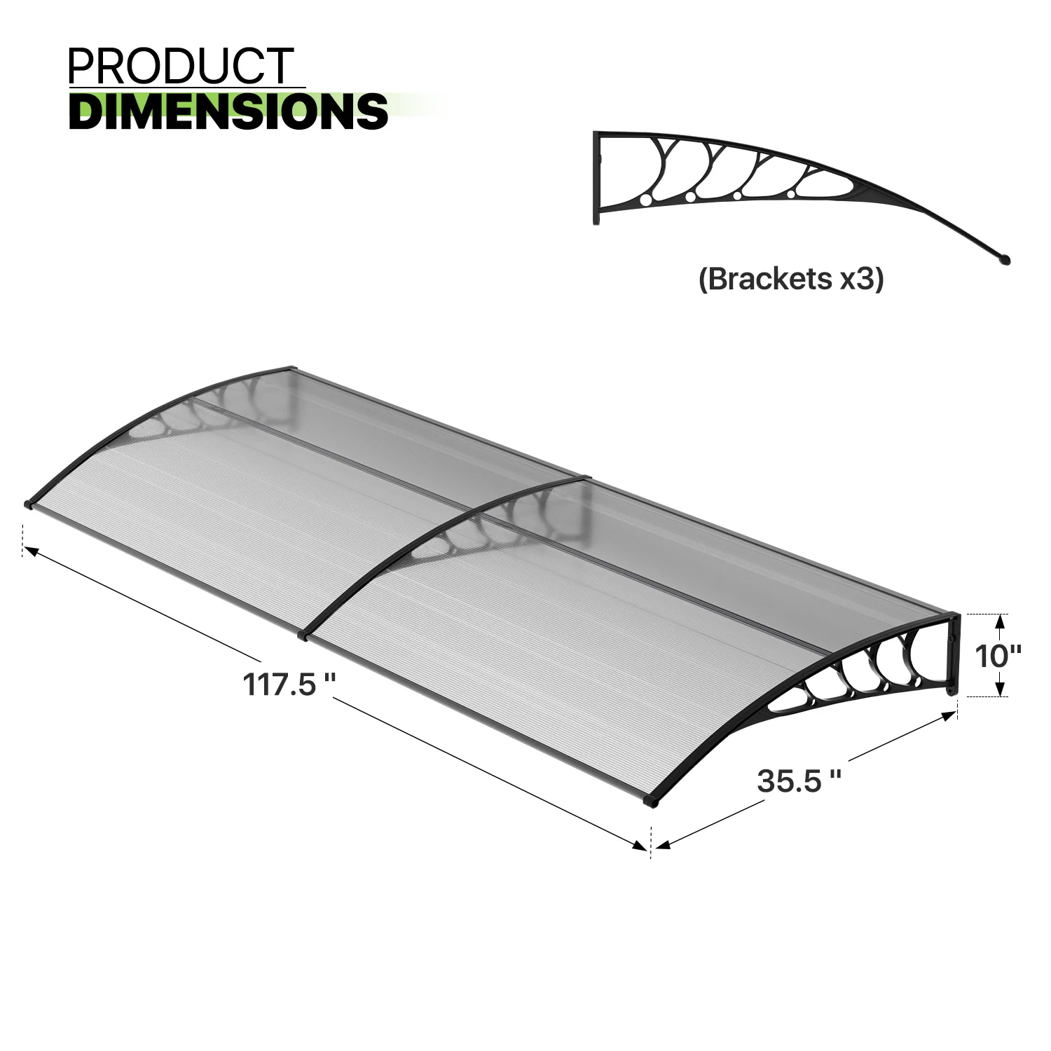 Magshion Black Bracket Window Awning & Door Canopy, Polycarbonate Clear Transmittance PC Board, Cover Front Door & Outdoor Patio Awning Canopy, Rain, Snow, UV Protection Hollow Sheet (118x 35)