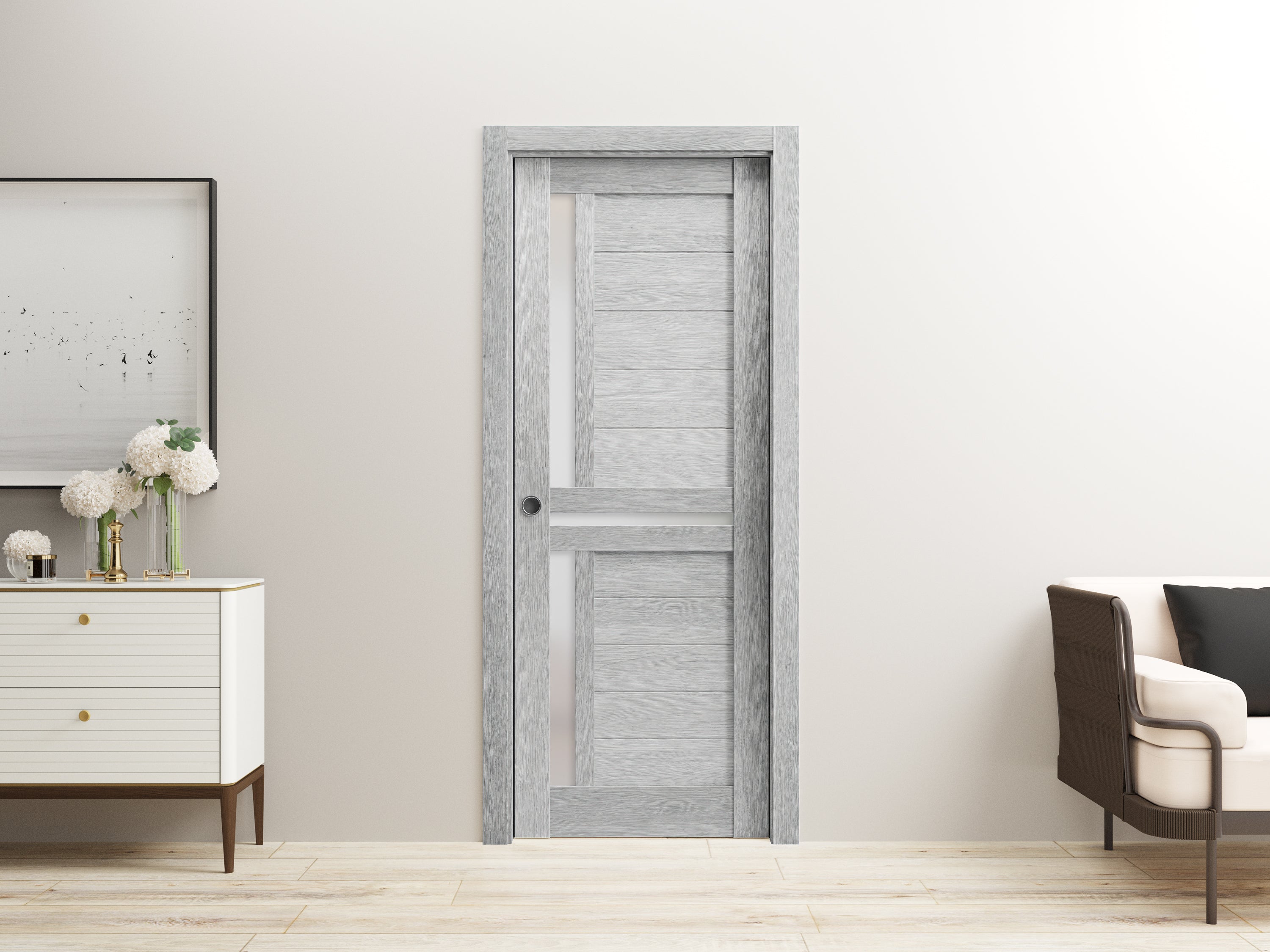 Sliding French Double Pocket Doors 60 x 80 inches | Quadro 4445 Nebraska Grey with Frosted Glass | Kit Trims Rail Hardware | Solid Wood Interior Bedroom Sturdy Doors