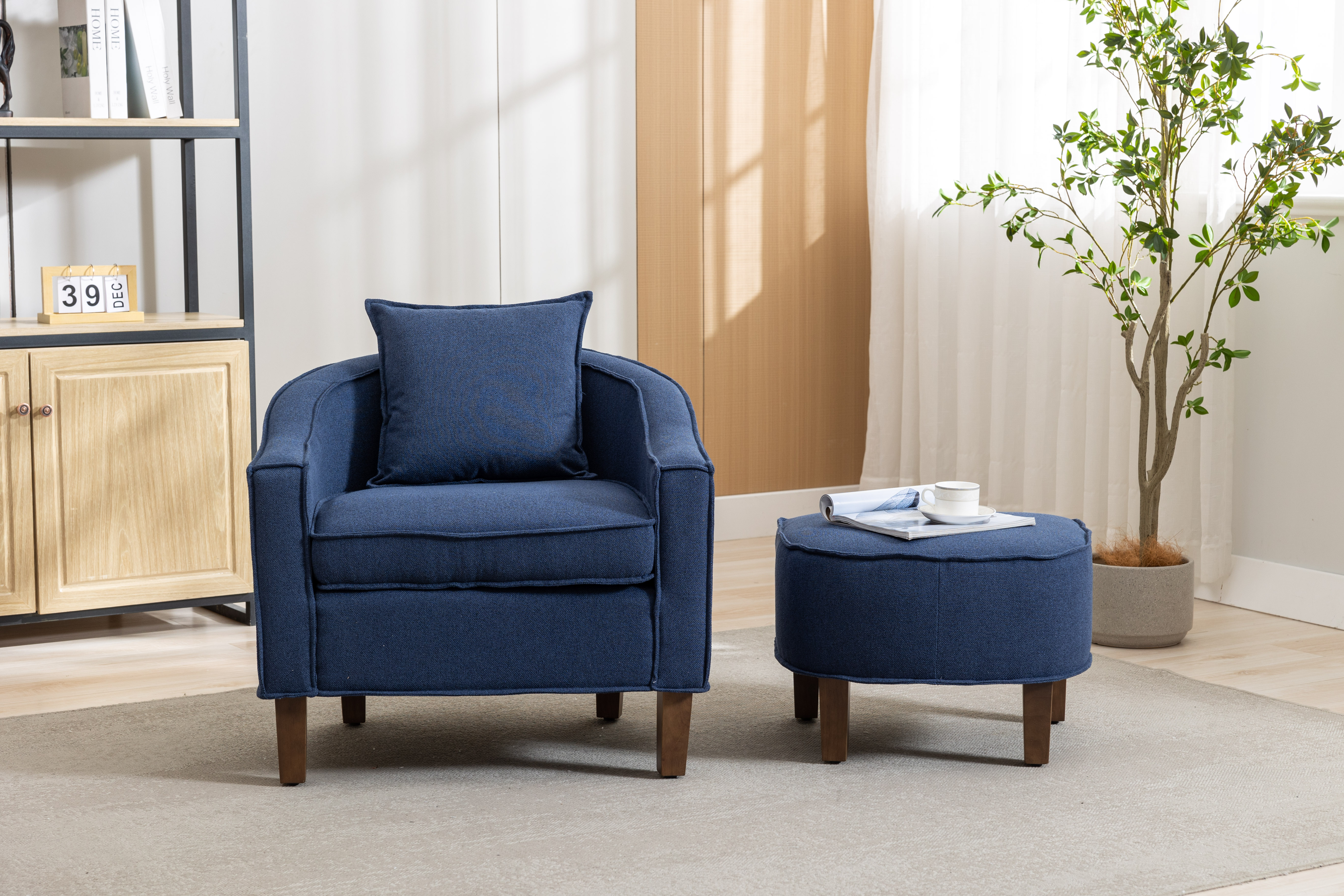 Accent Chair with Ottoman, Modern Linen Single Sofa Chair, Upholstered Accent Arm Chair with Wood Legs, Barrel Chair with Ottoman, Accent Chair for Home Office Living Room Bedroom, Navy