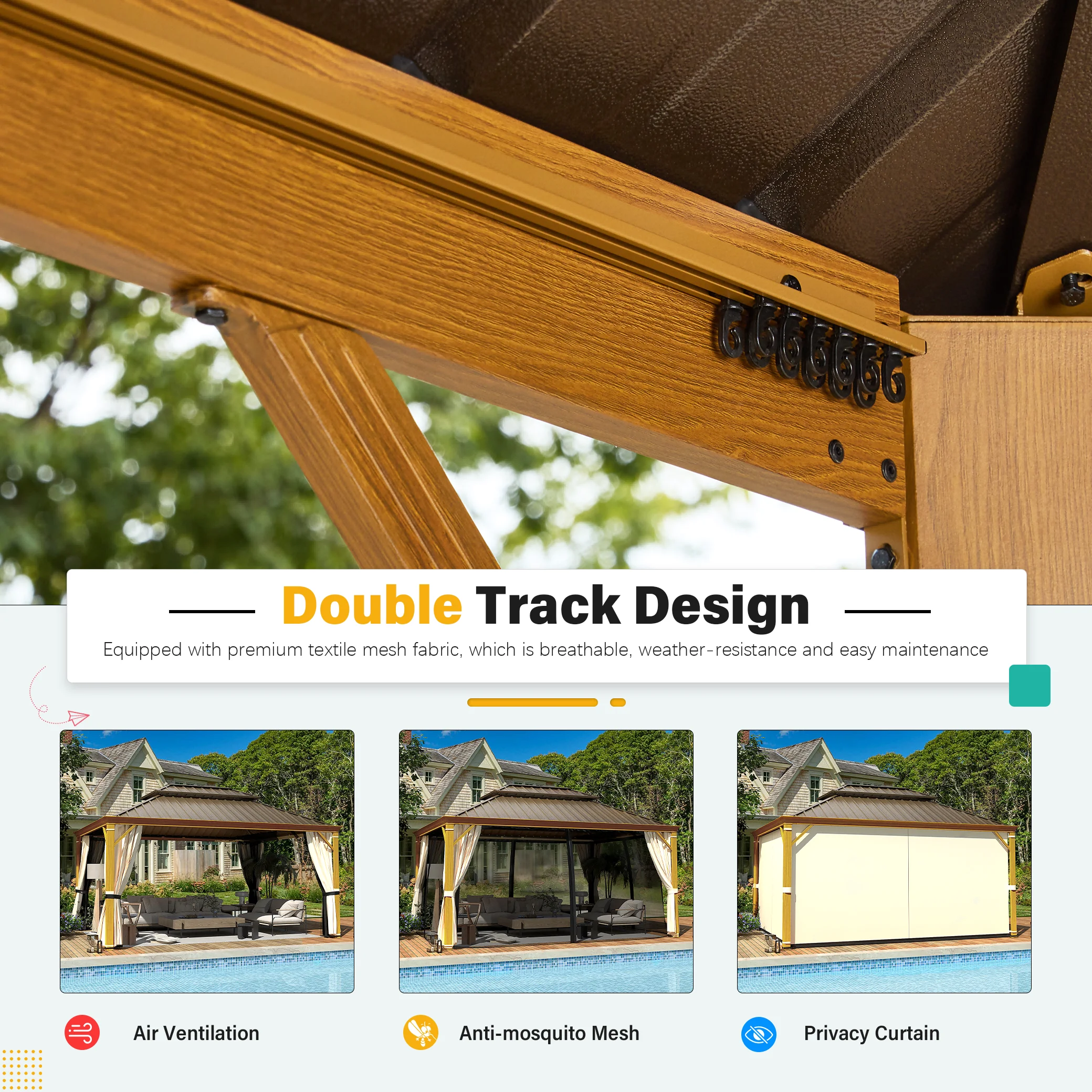 Richryce Gazebo 12’x16’W/Steel Double Roof Hardtop Gazebo, Rust Resistant Coated Aluminum Frame Waterproof Pavilion, Curtains & Netting Included Gazebo for Patio Backyard Garden Lawn Parties, Brown