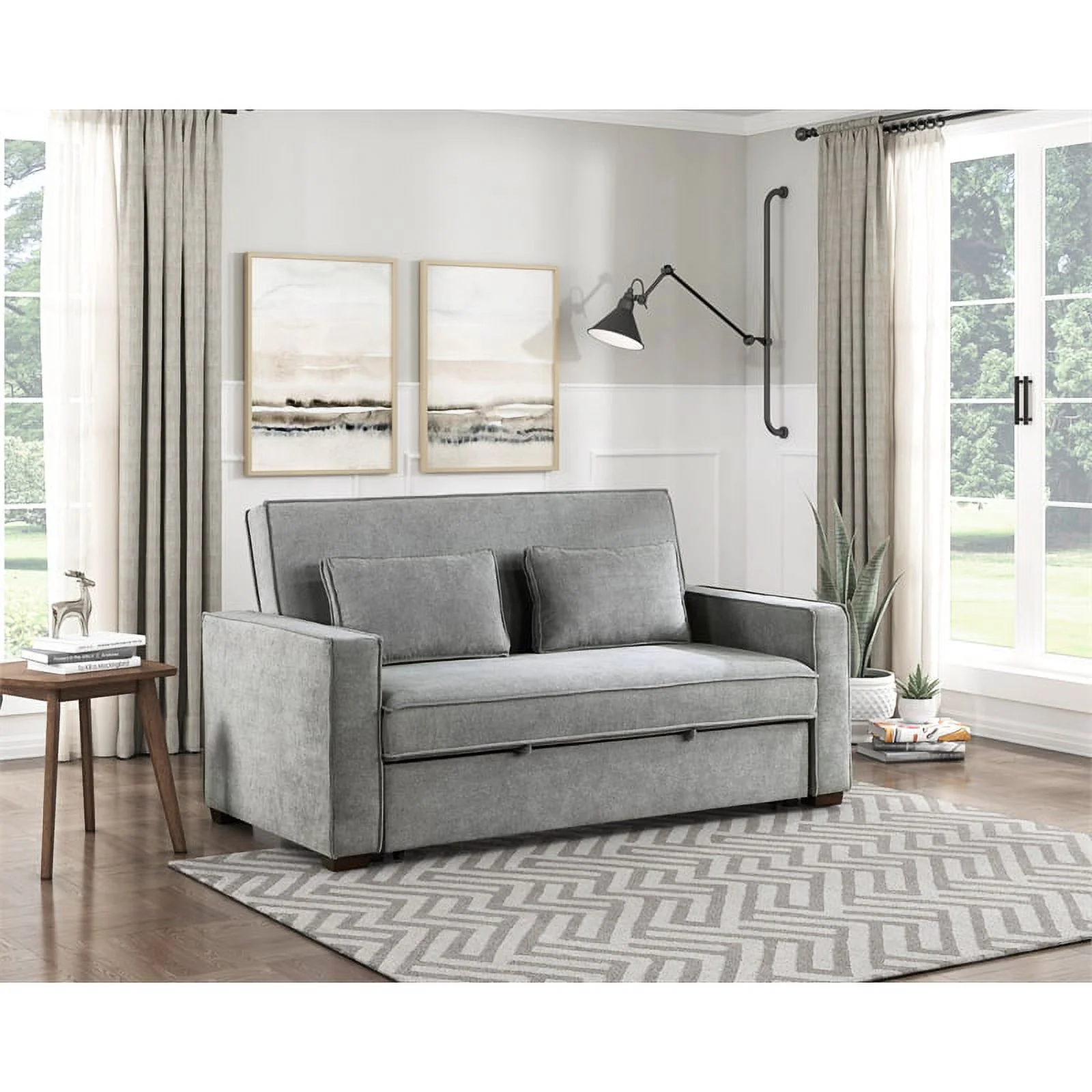 Lexicon Alta Fabric Upholstered Convertible Sofa with Pull Out Bed in Gray Color