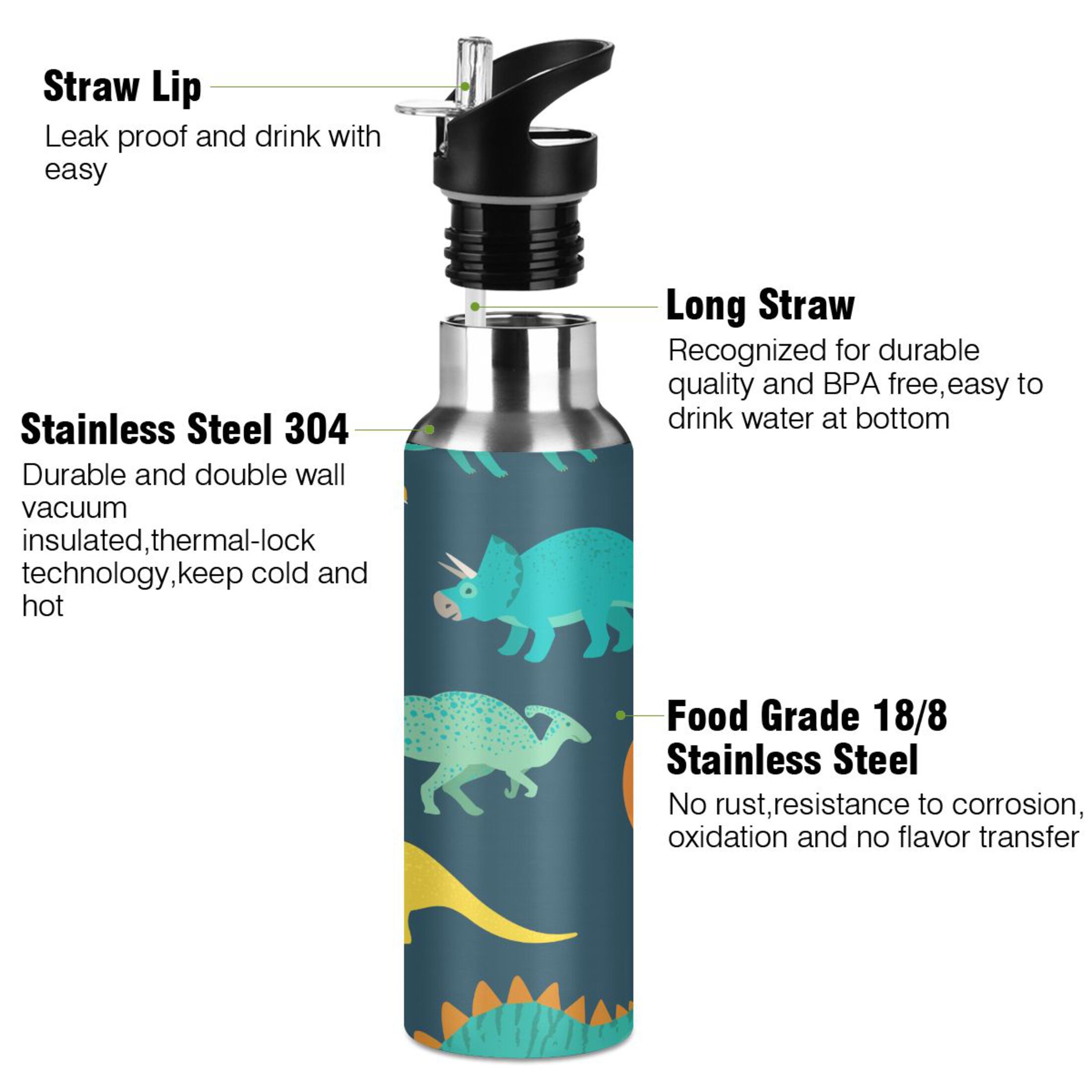 Water Bottle with Straw Lid Leak Dinosaurs Stainless Steel Insulated Thermos Vacuum Flask for Cold Hot Drinking for Sports Camping Gym Yoga