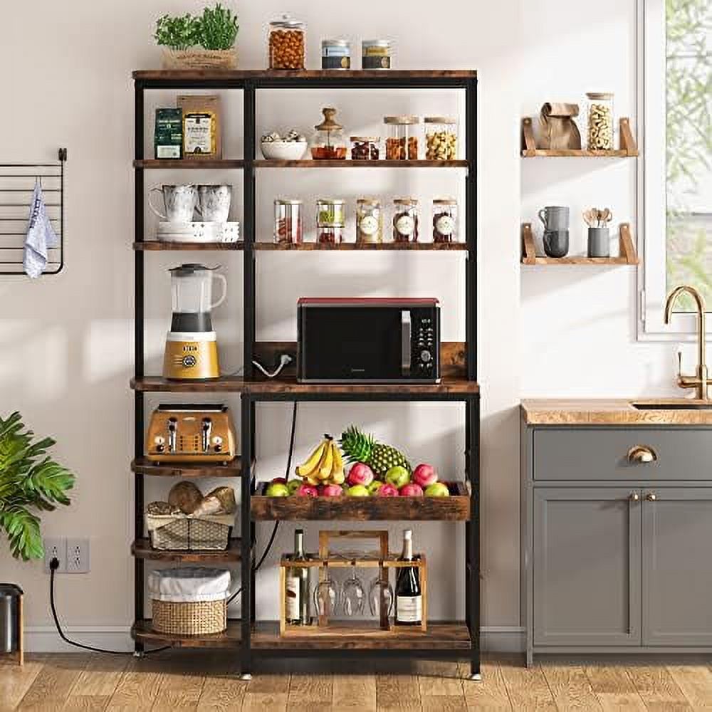 CCBIUOMBO Kitchen Bakers Rack with Power Outlets  10-Tier Microwave Oven Stand with   Tall Kitchen Utility   Organizer Coffee  with S-Hook and Pull-Out Drawer for Kitchen