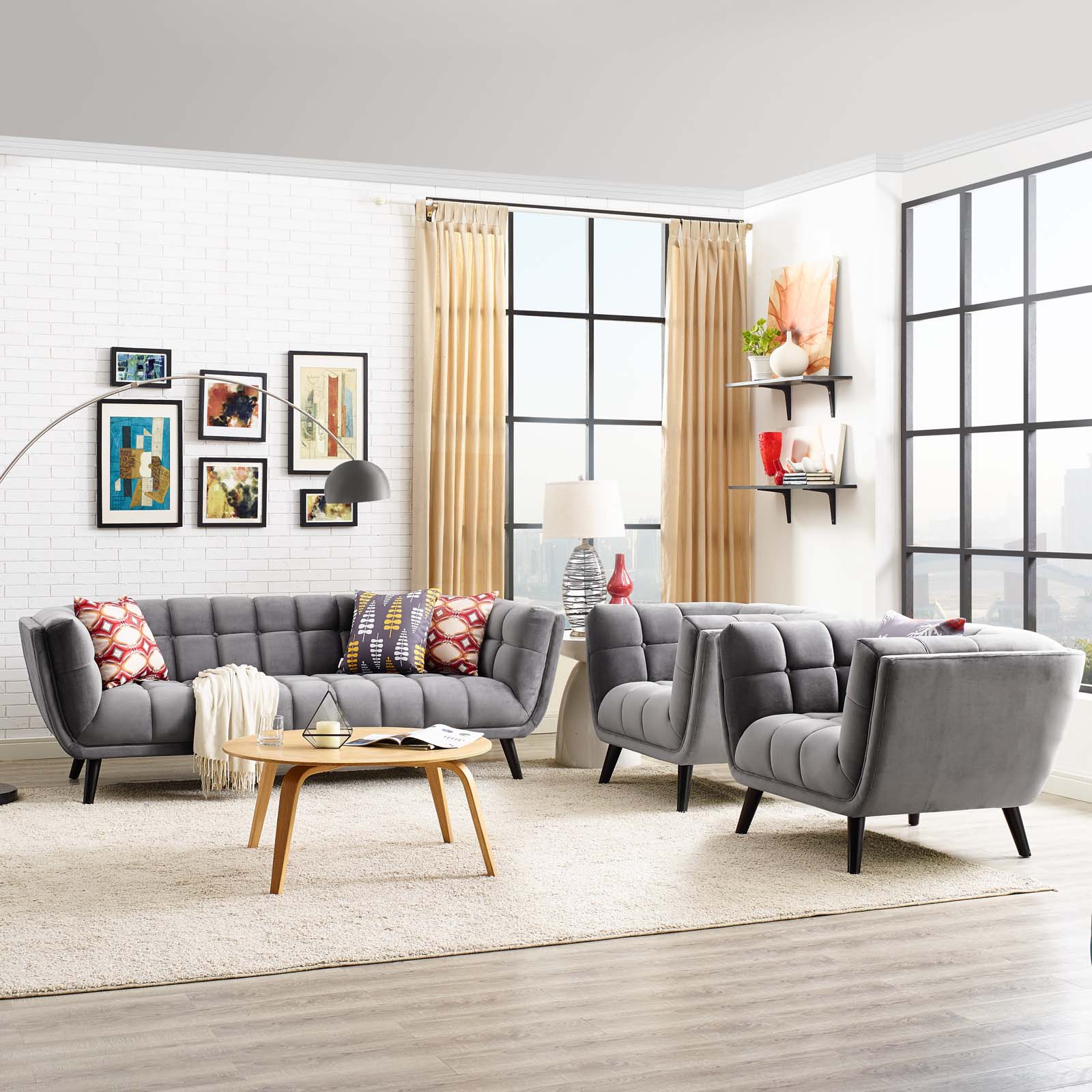 Modern Contemporary Urban Design Living Room Lounge Club Lobby Armchair and Sofa Set, Velvet Fabric, Grey Gray