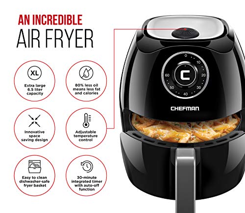 chefman 6.8 quart air fryer oven with space saving flat basket, oil free hot airfryer with 60 minute timer & auto shut off, dishwasher safe parts, bpa-free, family size, x-large, black