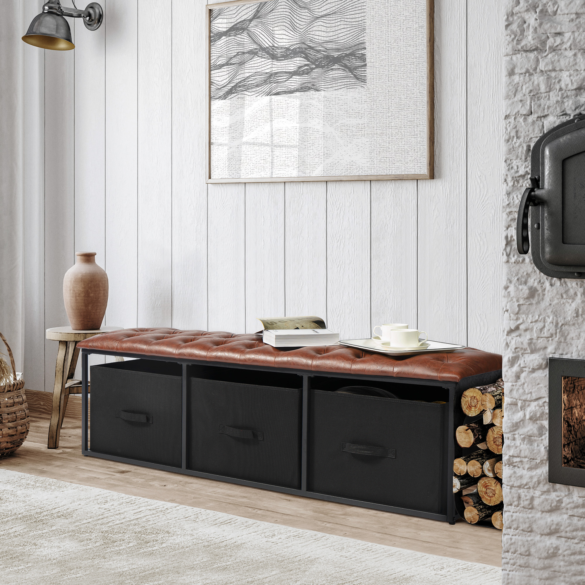 Cozy Castle Button Tufted Faux Leather Bench with Storage Bins, Brown