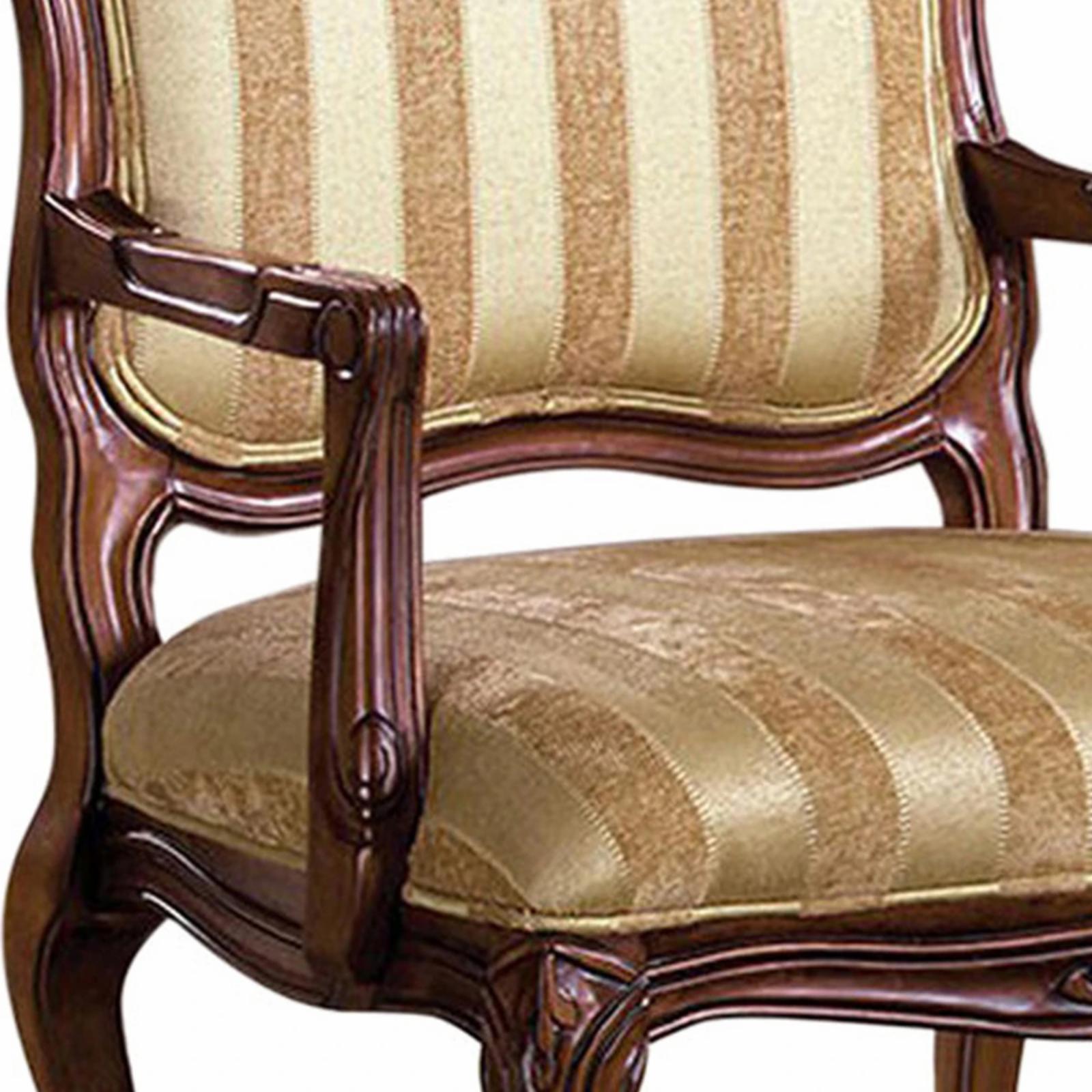 Benzara Traditional Fabric Upholstered Arm Chair with Carving, Gold and Brown