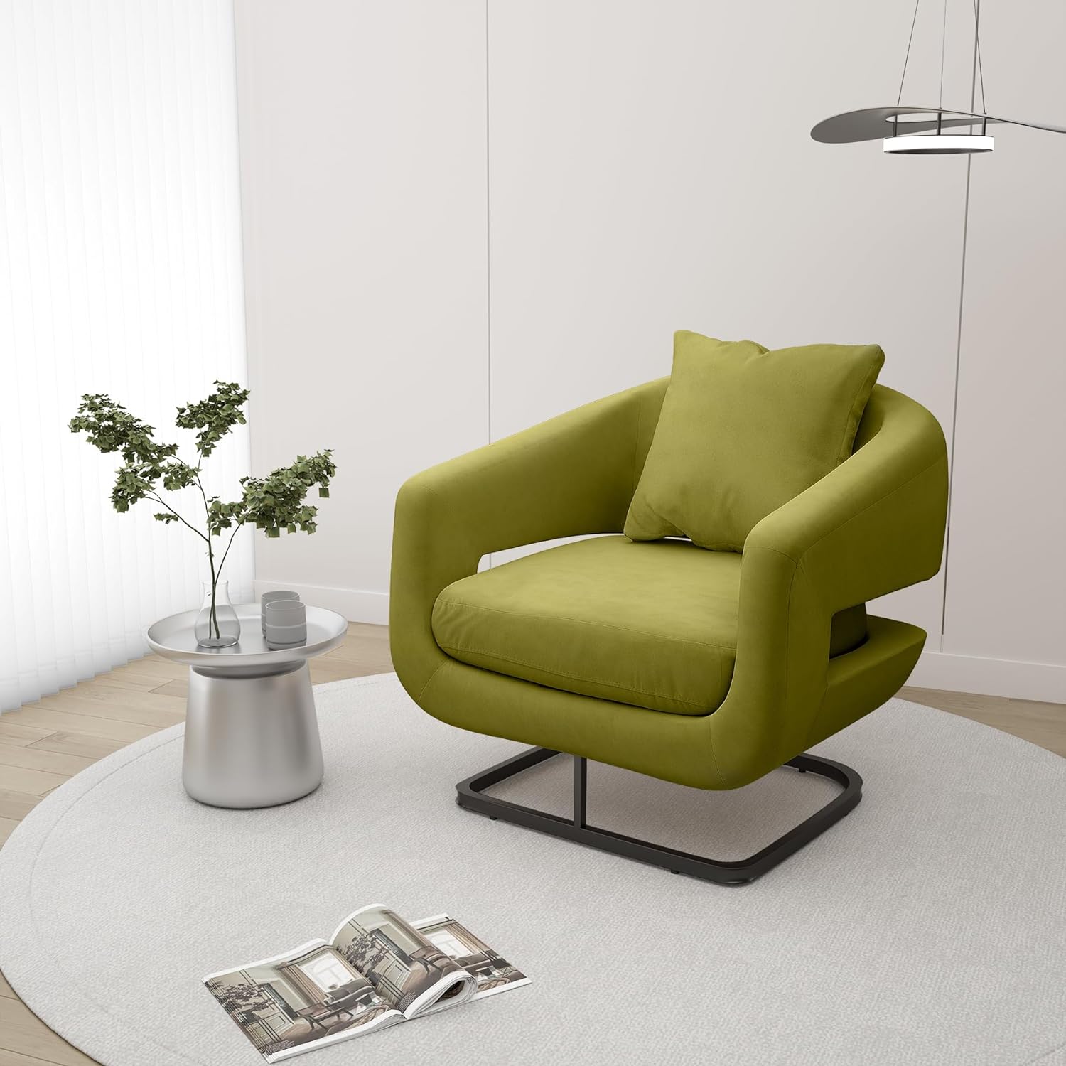 Velvet Accent Chair Living Room, Upholstered Barrel Chair Modern Club Chair Comfy Bedroom Side Chair with Metal Base Reading Chair with Arm, Olive