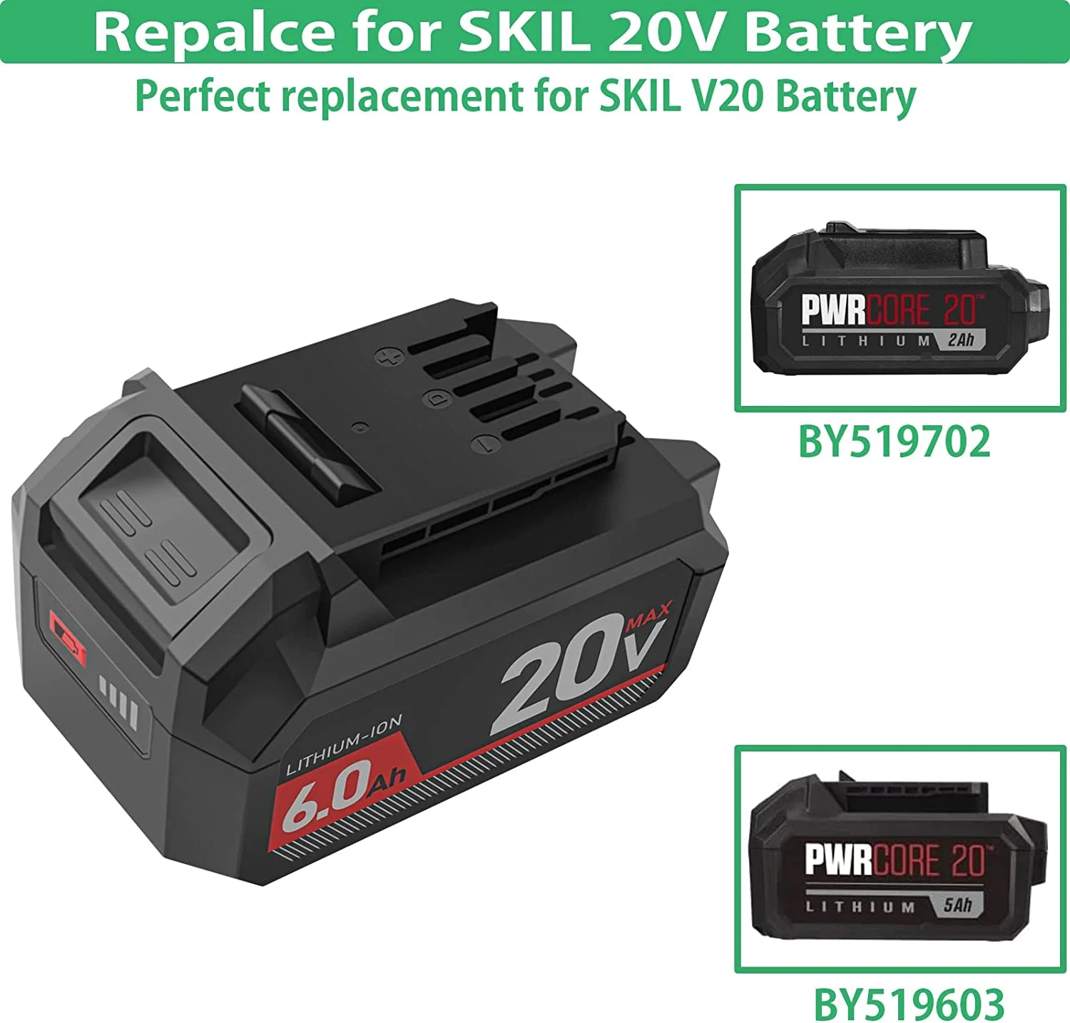 20V 6.0AH BY519702 BY519603 Lithium Battery for SKIL RH1E3810CA SW1E3470CA AG2907C-21 CR5413C-00 DD1E3010AA DL5293C-20 IW5739C-20 JS8202C-00 MF1E3620CA RH1704C-20 SW1E3520CA Cordless Power Tools