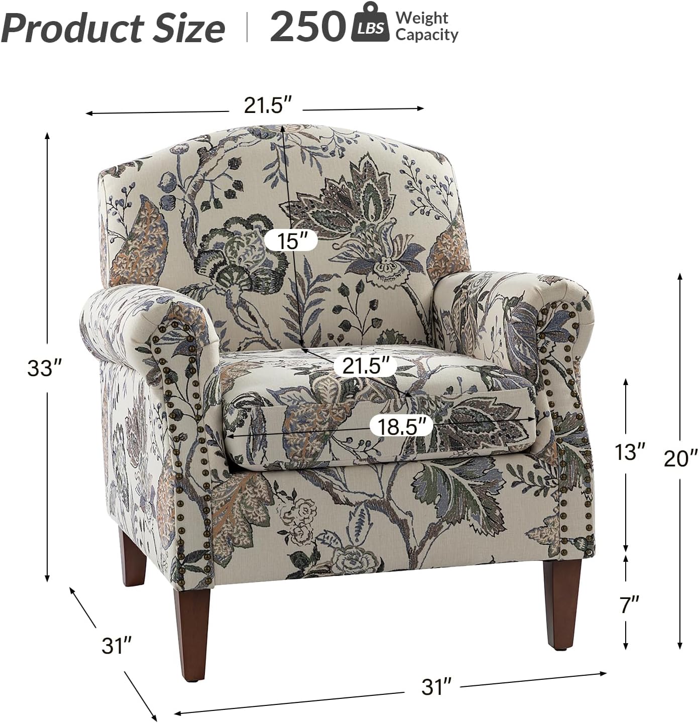Modern Accent Chair Set Of 2 With Wood Legs & Removable Cushion, Comfy Upholstered Armchair Nailhead Trim, Floral Design Single Sofa Club Chair For Living Room Bedroom Reading Office, GREY