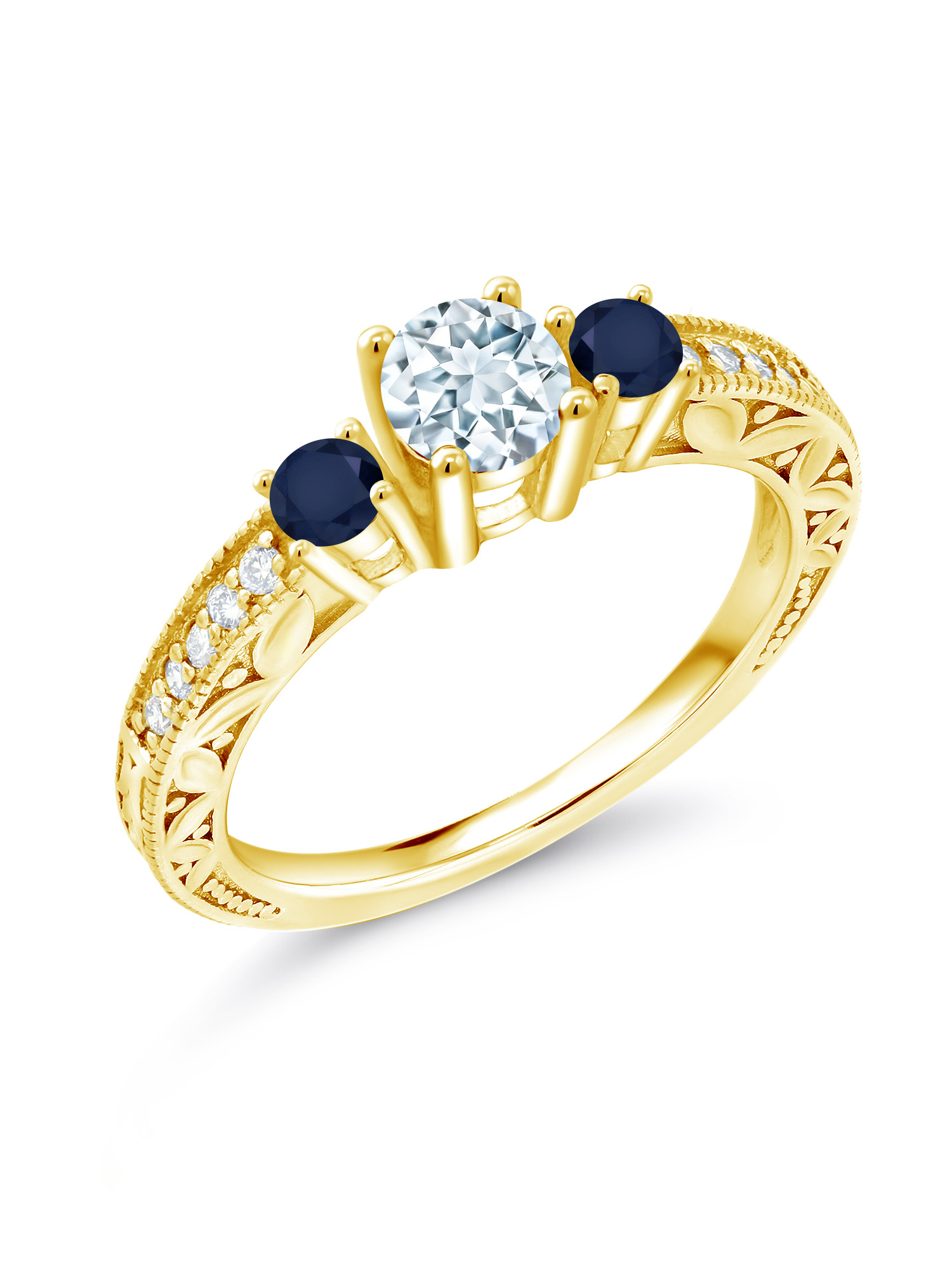 Gem Stone King 0.93 Ct Round Sky Blue Aquamarine Blue Sapphire 18K Yellow Gold Plated Silver Ring