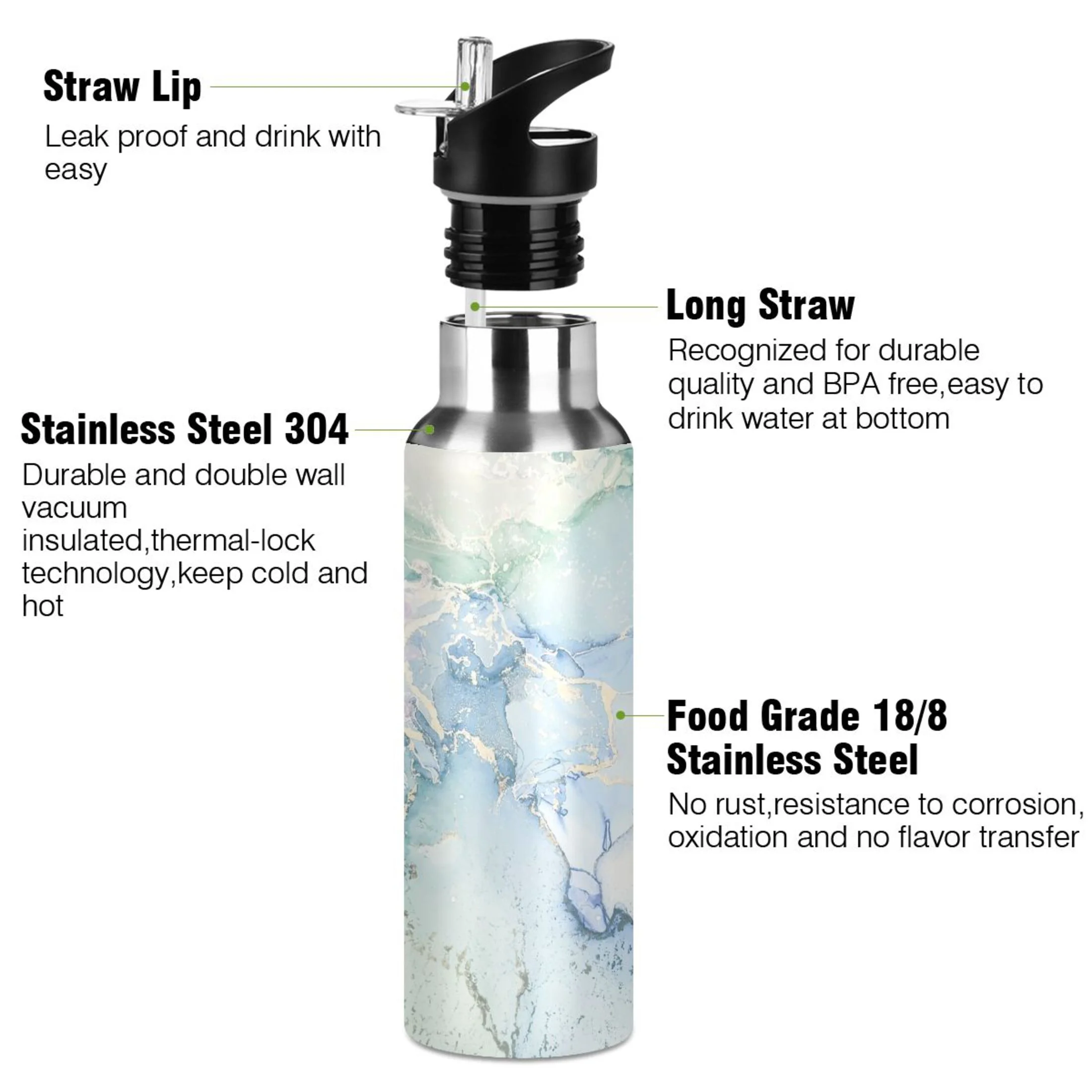 Water Bottle with Straw Lid Leak Blue Green Marble Stainless Steel Insulated Thermos Vacuum Flask for Cold Hot Drinking for Sports Camping Gym Yoga
