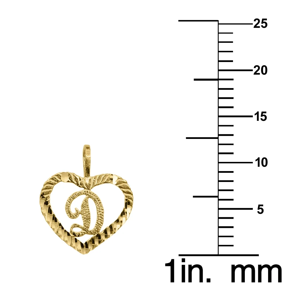 14k Yellow Gold Diamond-Cut Heart-Shaped Initial Letter 'D' Pendant with 1.2mm Rolo Chain