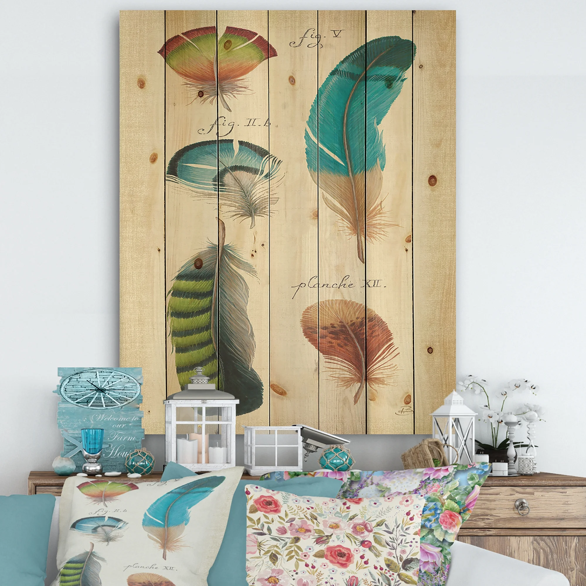 Designart 'Feathers Cottage Family III' Cabin & Lodge Print on Natural Pine Wood