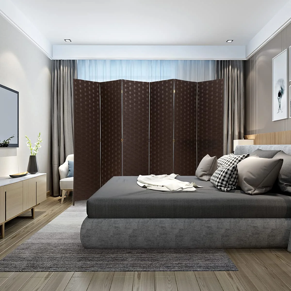 6 Panel  Room Dividers Folding Privacy Screen Partitions Room Dividers Wall Foldable Screen Portable Wood Mesh Woven Design Room Separator Screen for Home Office Bedroom Living Room, Brown