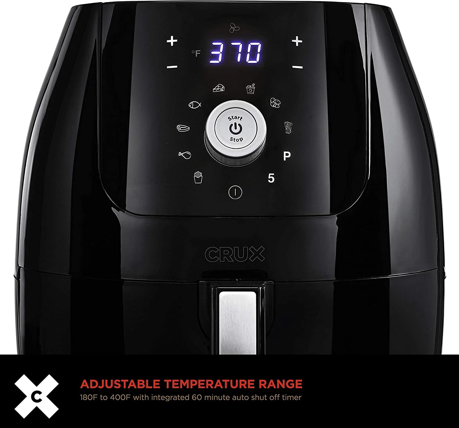 CRUX 6 Qt Digital Air Fryer with Nonstick Removable Dishwasher Safe Pan and Crisping Tray, Auto Shutoff Timer and Audible Alarm, Adjustable Temperature Control, Black