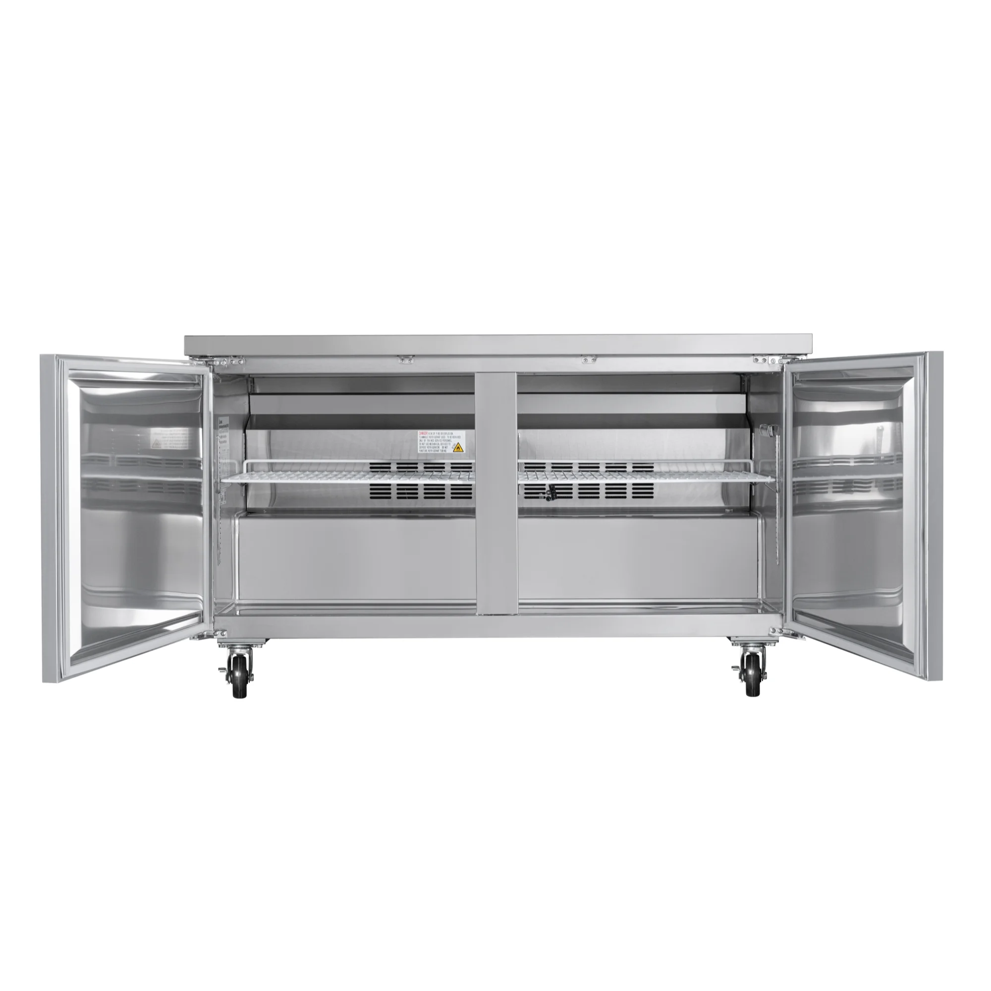 60 in. Two-Door Commercial Undercounter Freezer in Stainless Steel with Casters, ETL Listed (KM-UCF-15SS)