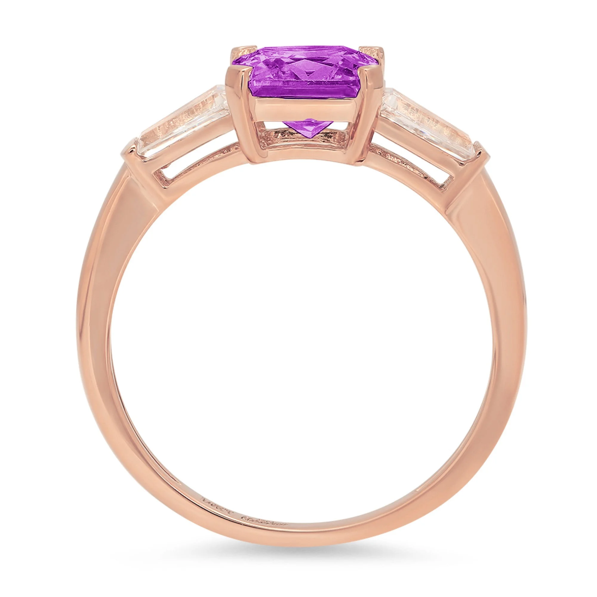 1.62ct SQ Emerald Cut Purple Simulated Alexandrite 18k Rose Gold Engraving Statement Anniversary Engagement Wedding 3 stone Ring Size 3.5