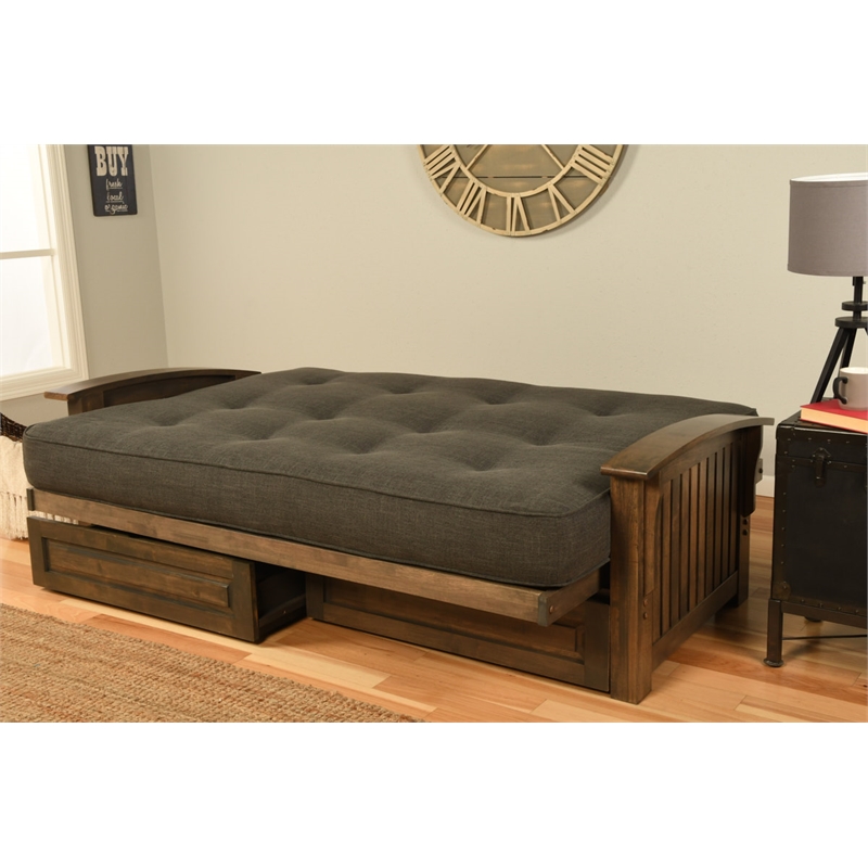 Kodiak Furniture Washington Futon in Walnut with Drawers and Suede Blue Mattress