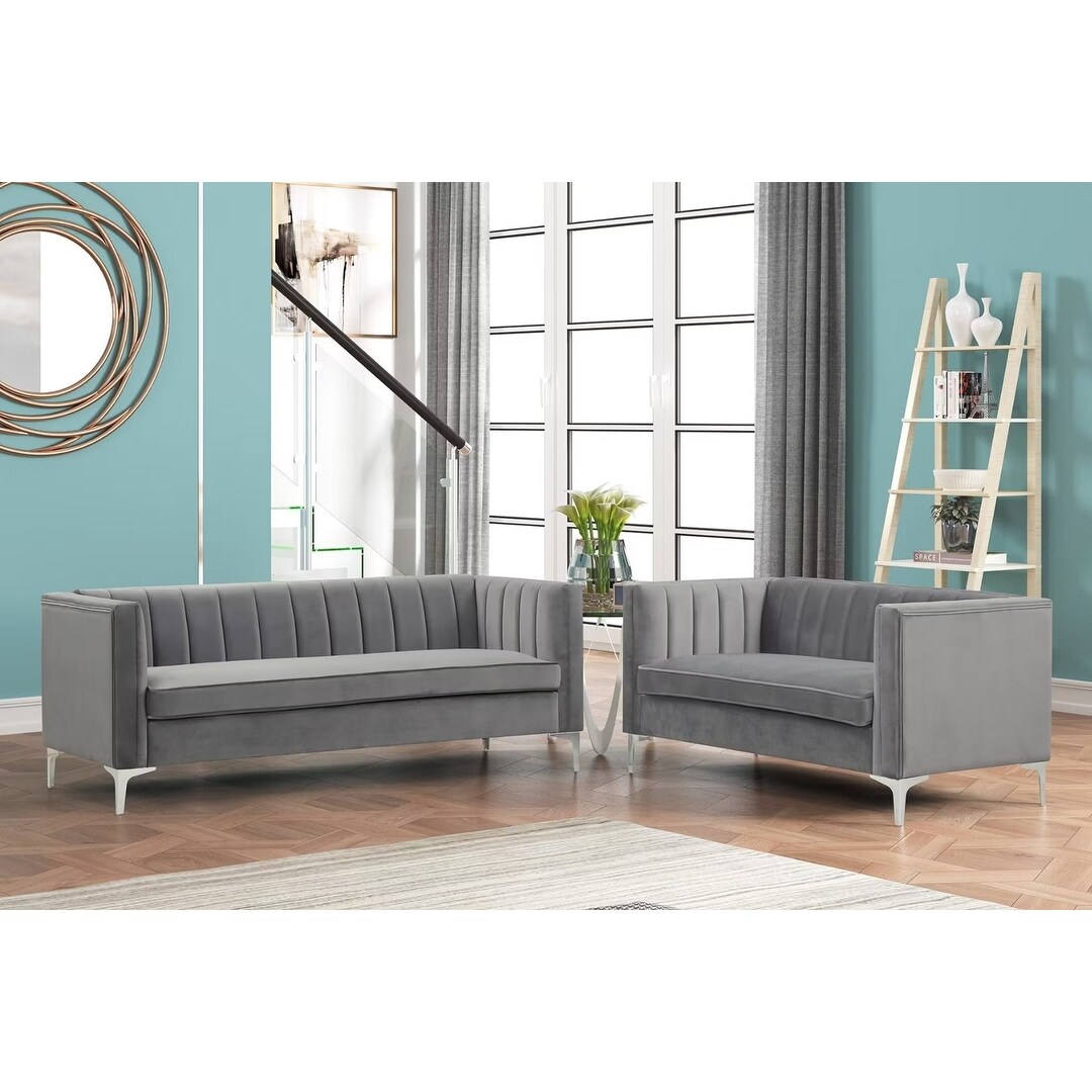 Morden Fort  Modern 2 Pieces of Loveseat and Sofa Couch Set with Dutch Velvet Grey, Iron Legs Black