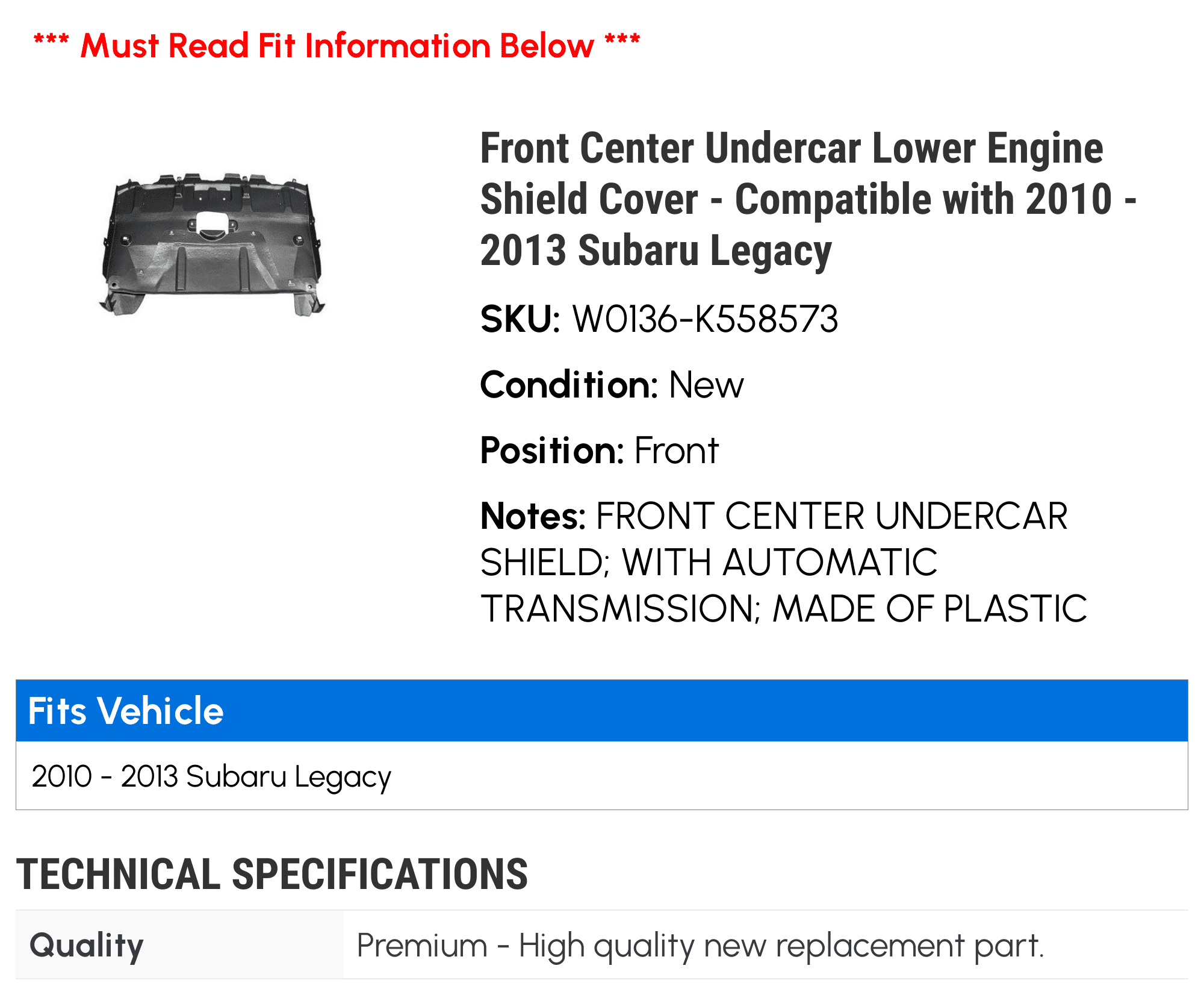 Front Center Undercar Lower Engine Shield Cover - Compatible with 2010 - 2013 Subaru Legacy 2011 2012