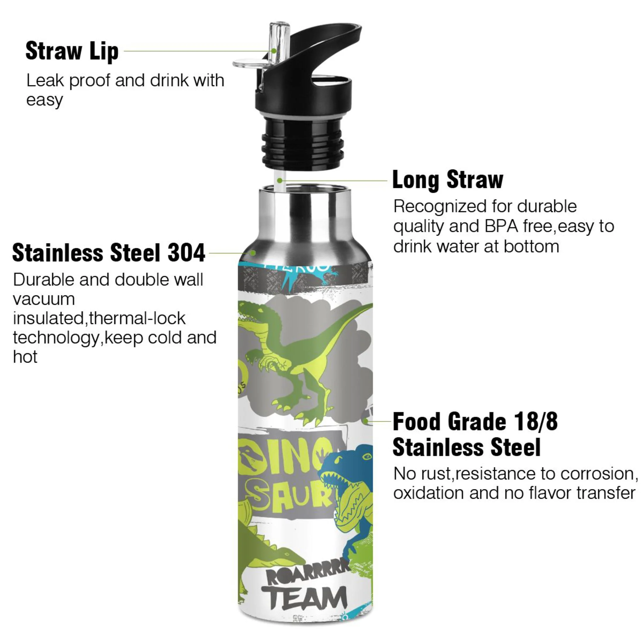 Water Bottle with Straw Lid Leak Cool Green Dinosaur Stainless Steel Insulated Thermos Vacuum Flask for Cold Hot Drinking for Sports Camping Gym Yoga