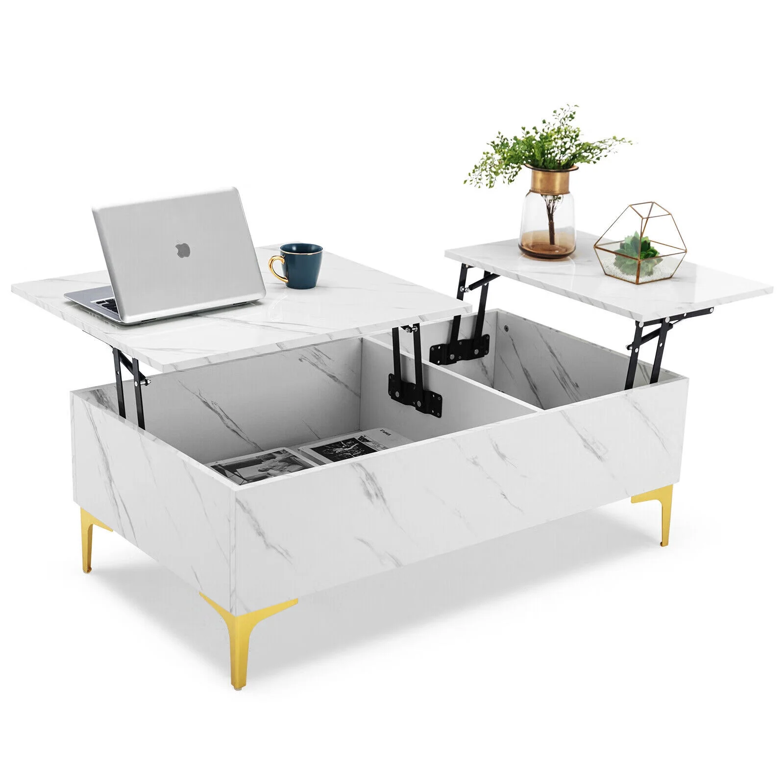 COSVALVE Lift Top Marble Coffee Table Center Table with Storage for Living Room Reception Home Office (Modern White)