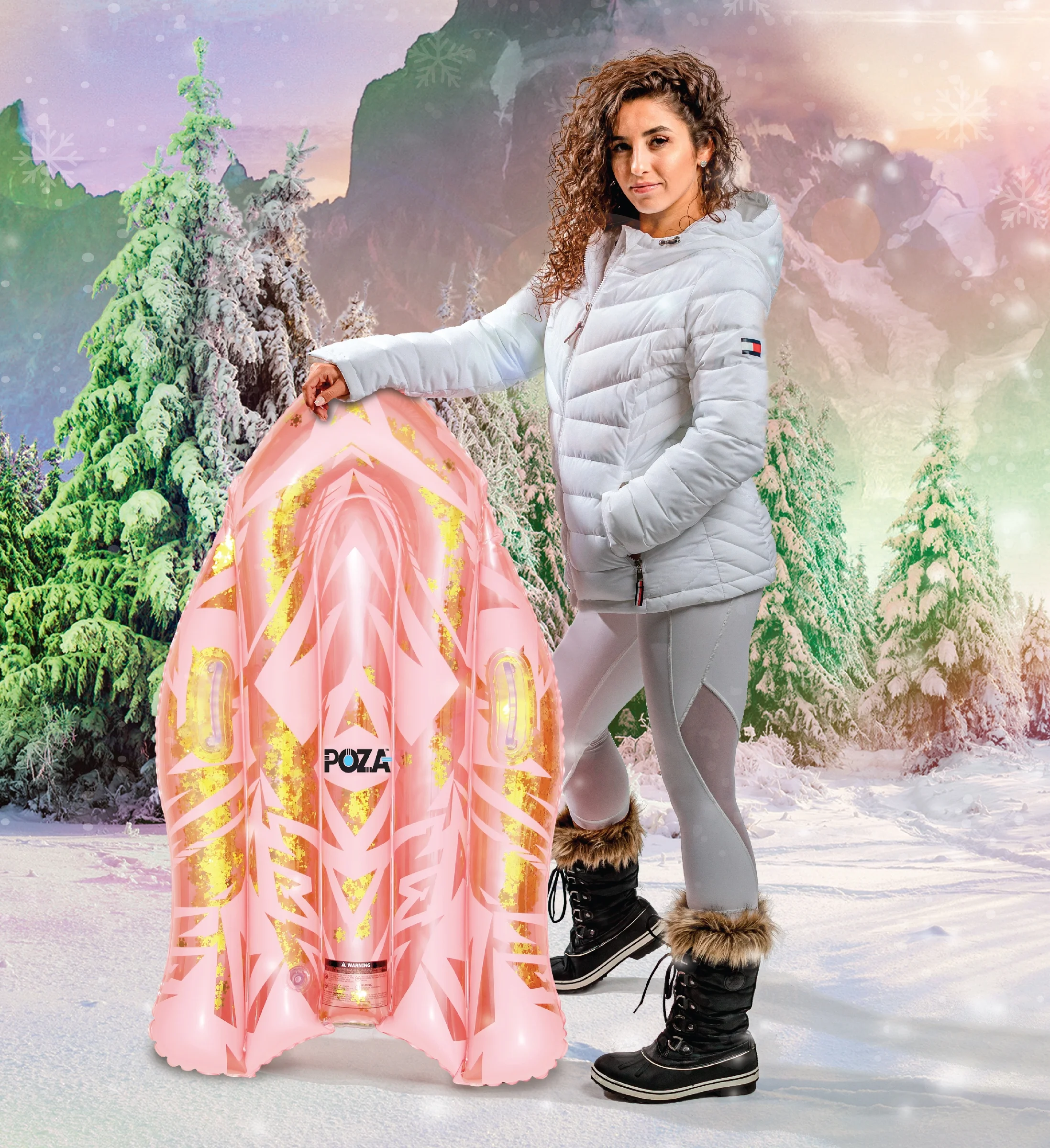 POZA Inflatable Snow Boogie Sled Set of 3 – Luxurious Rose Gold, Gold, and Silver Snow Sleds with Handles and Snowflake Confetti, Heavy Duty Cold Resistant PVC Sled for Adults and Kids – 44 Inch