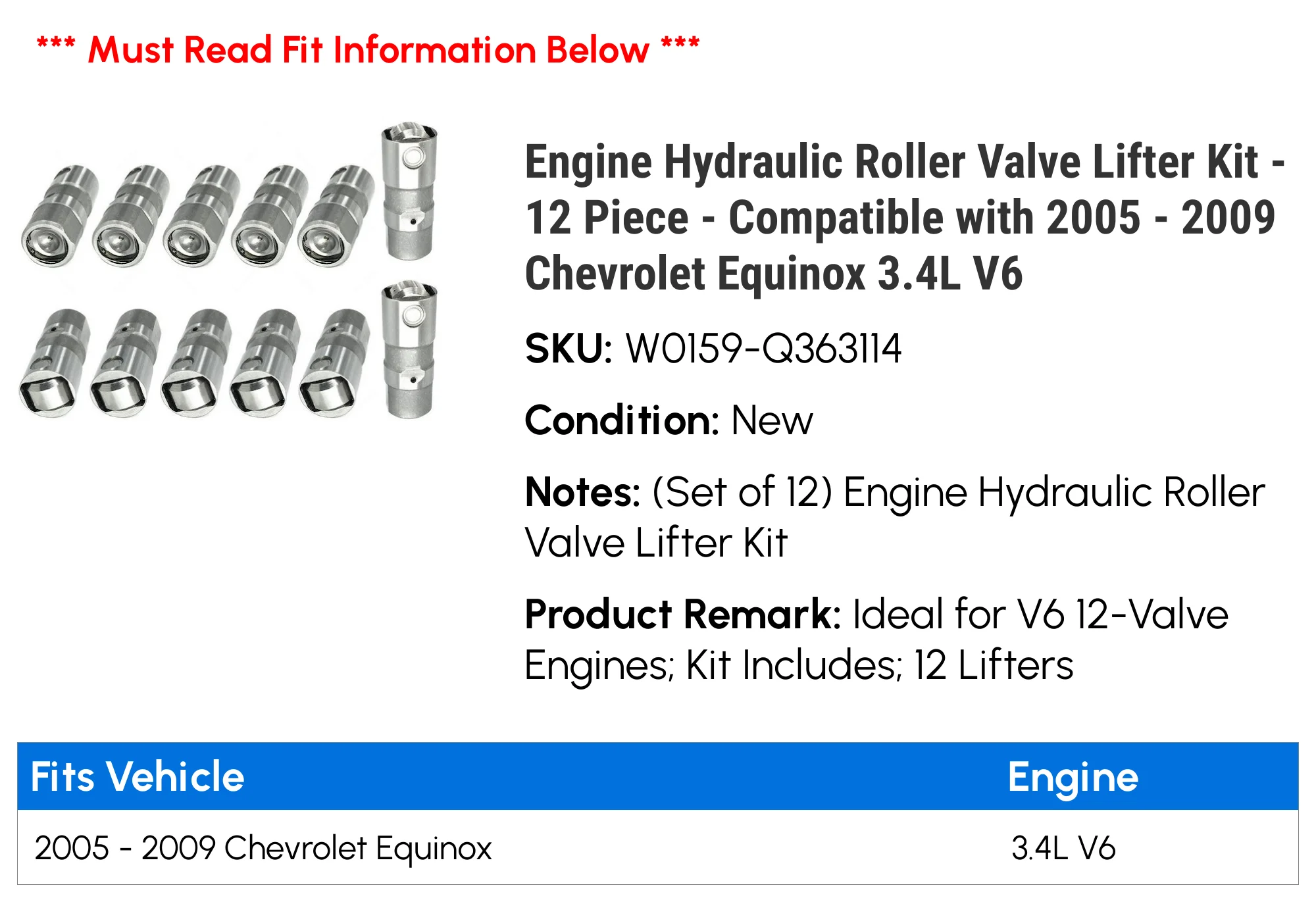 Engine Hydraulic Roller Valve Lifter Kit - 12 Piece - Compatible with 2005 - 2009 Chevy Equinox 3.4L V6 2006 2007 2008