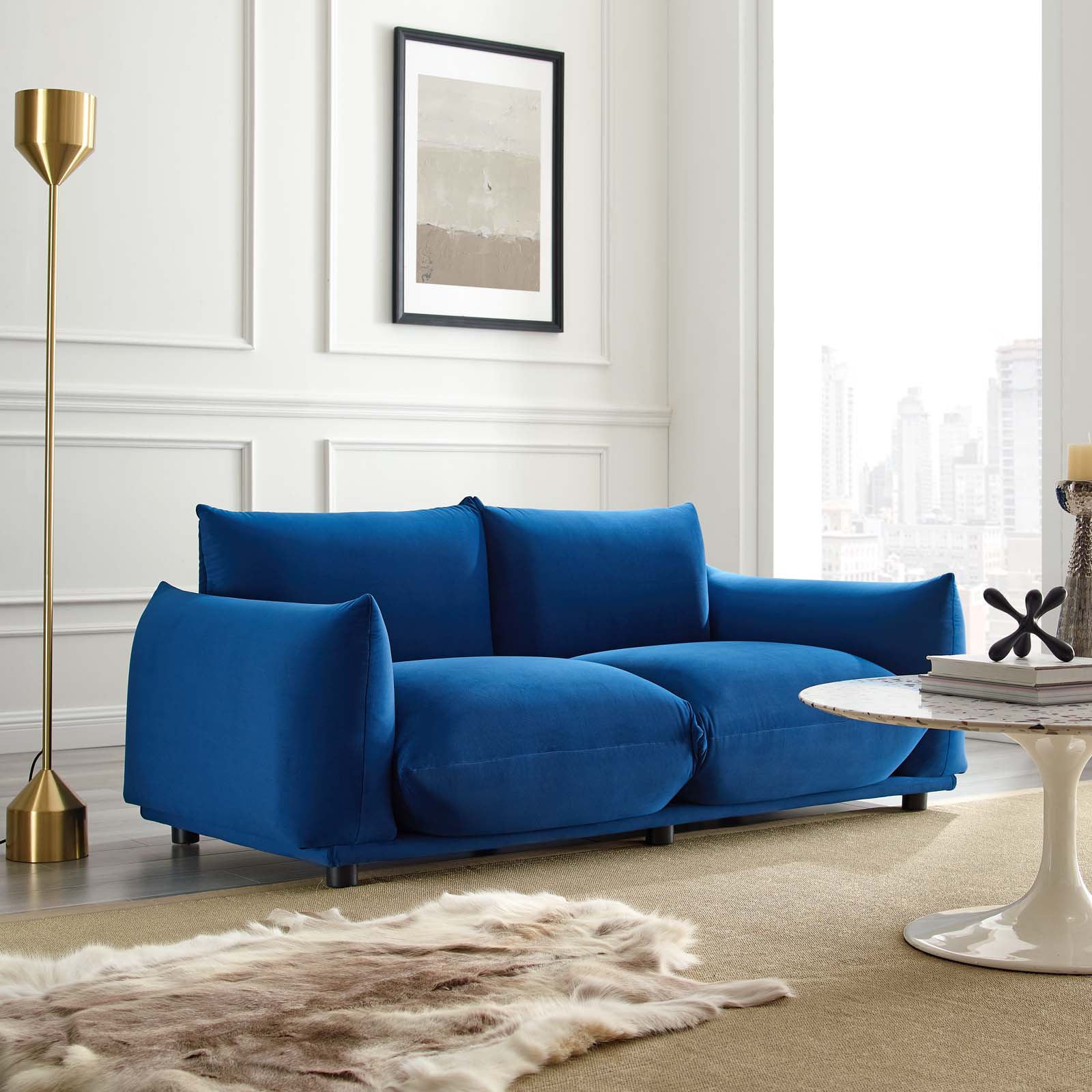 Loveseat Sofa, Velvet, Blue Navy, Modern Contemporary Urban Design, Living Lounge Room Hotel Lobby Hospitality