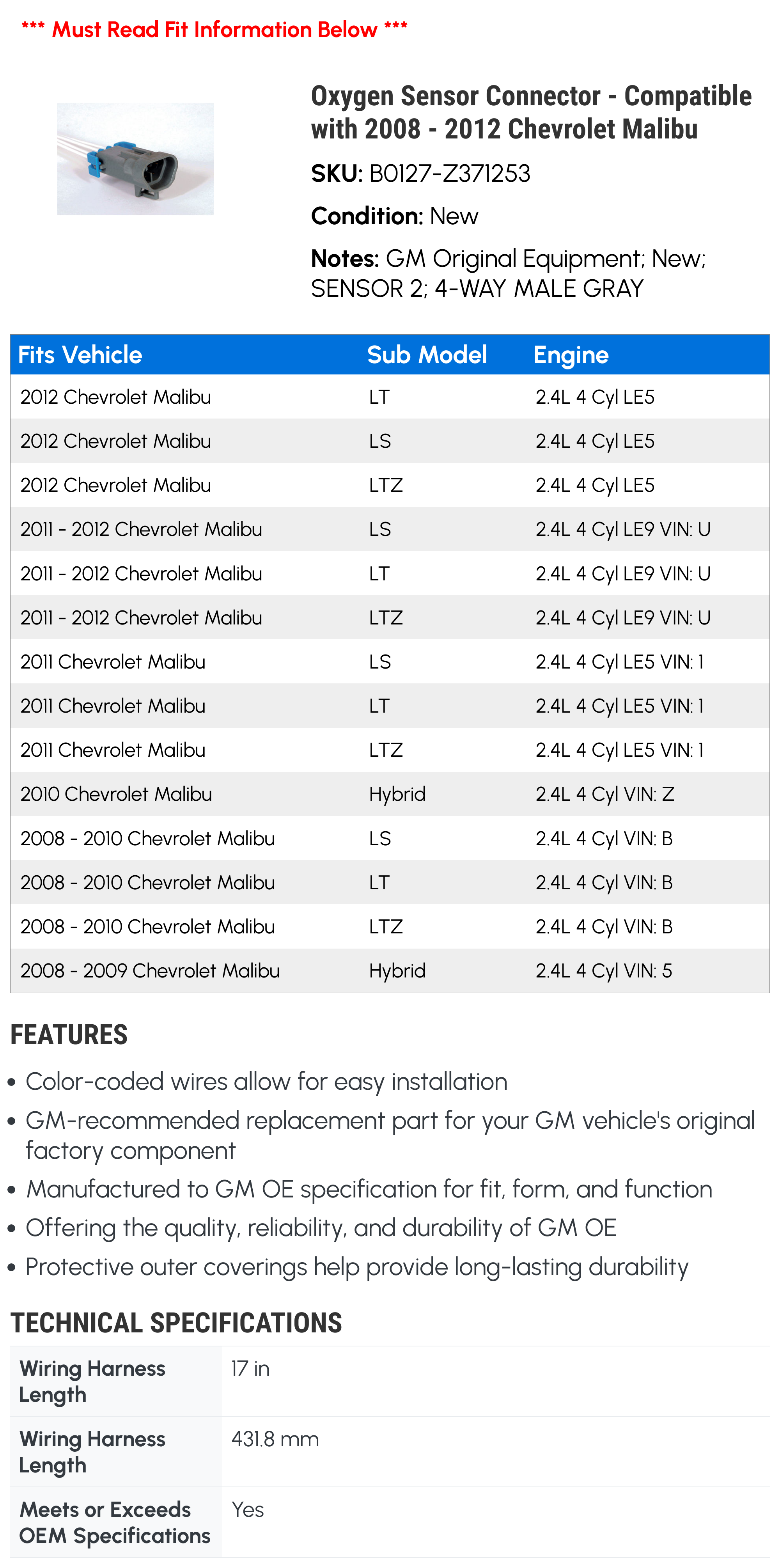 Oxygen Sensor Connector - Compatible with 2008 - 2012 Chevy Malibu 2009 2010 2011