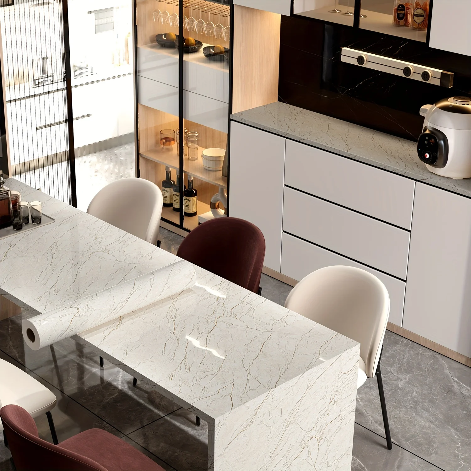 1 Roll, Glossy Film Marble Wallpaper Peel And Stick Easy To Wipe Stain Refrigerator Speaker Dryer Cabinet Oven Appliance Furniture Room Background Kitchen Renovation Wallpaper Home Decor