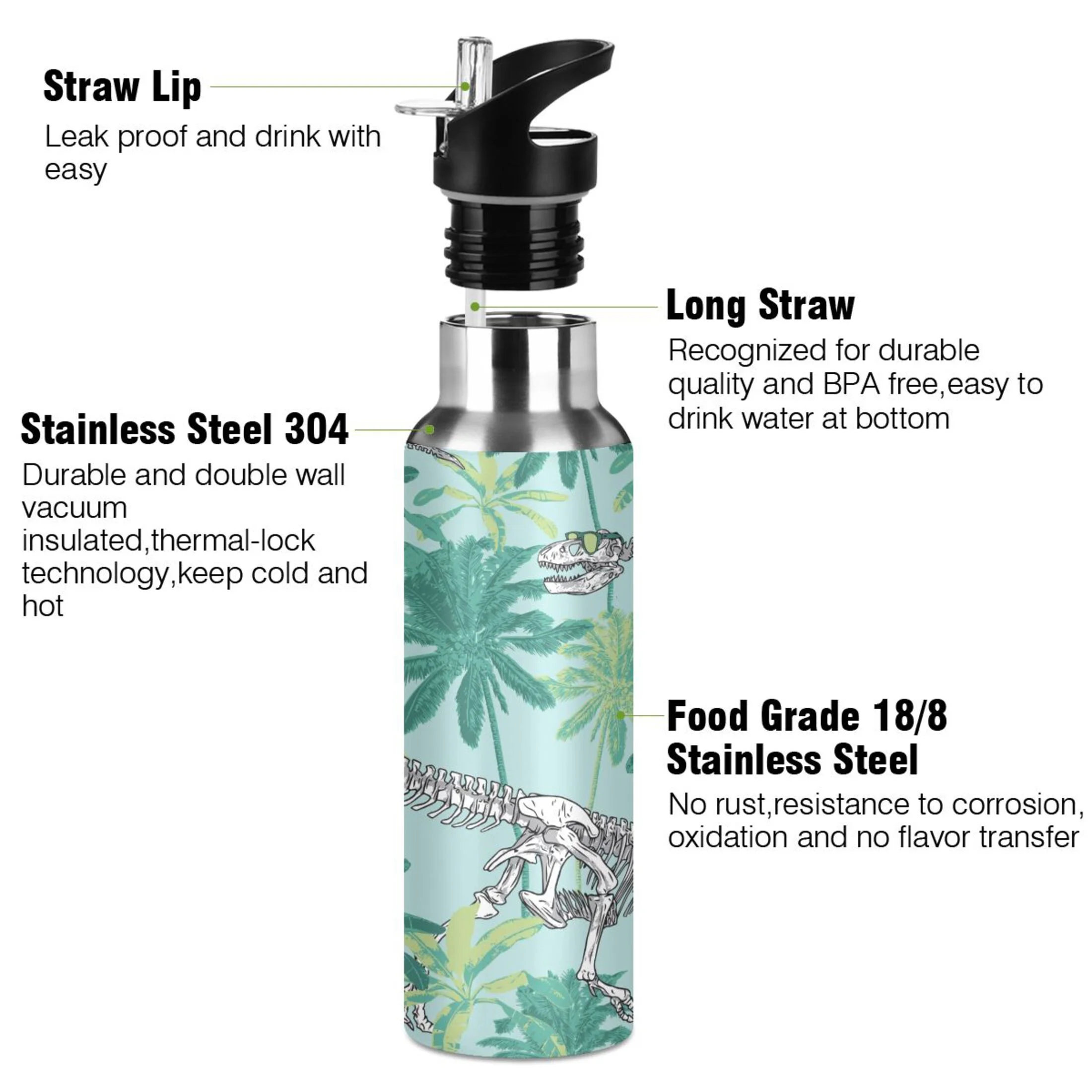 Stainless Steel Water Bottle Dinosaur Tropical Print Pattern with Straw Lid Vacuum Insulated Keeps Hot and Cold Leak Proof Flask Jug for Gym Travel Sports Cycling Outdoor 20 OZ