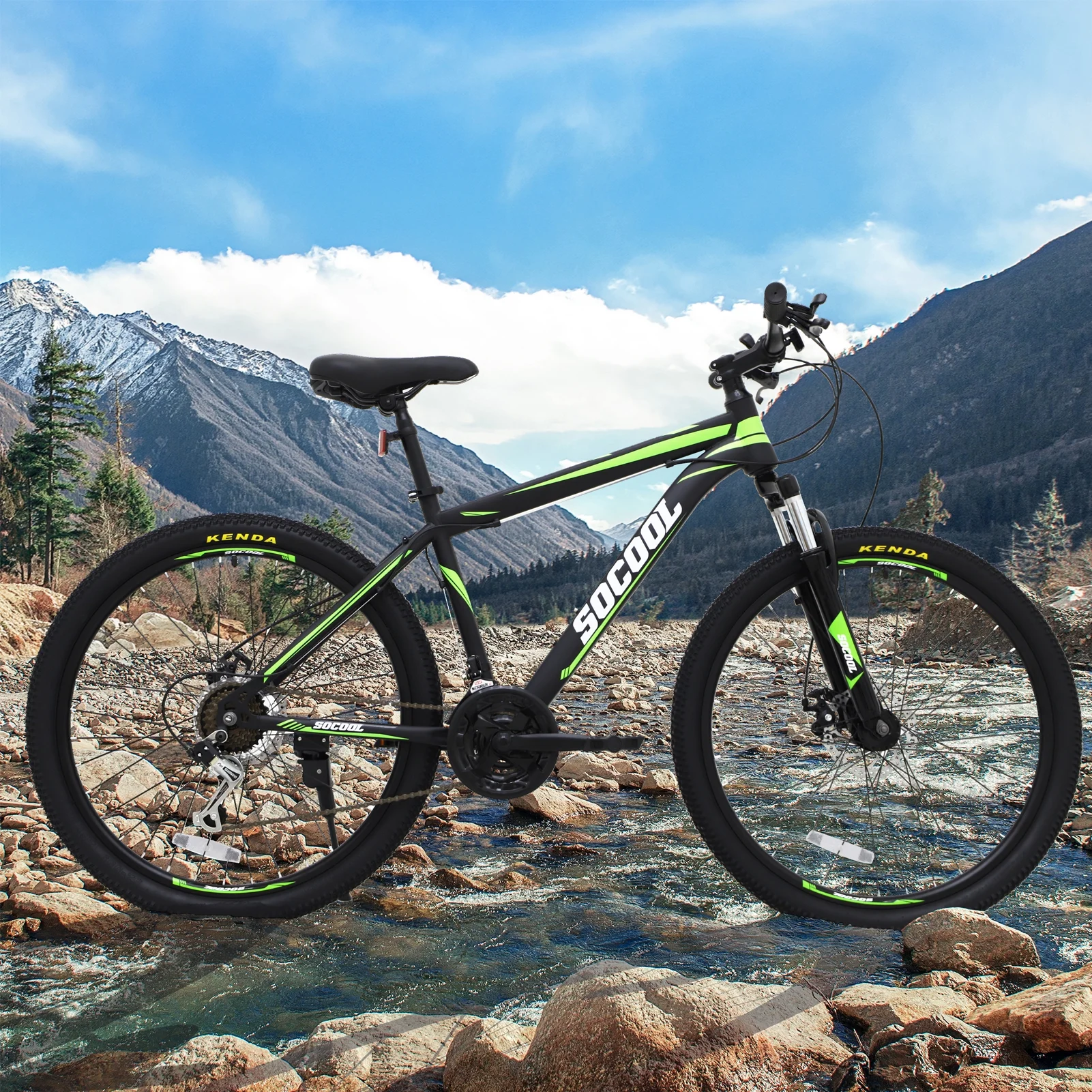 SOCOOL 【2022 Newest】Full-Suspension Mountain Bike, Shimano 21 Speed, 26 Inch Wheel, for Men Mens Womens Bicycle, Black&White&Green Stripes, QJ212BK