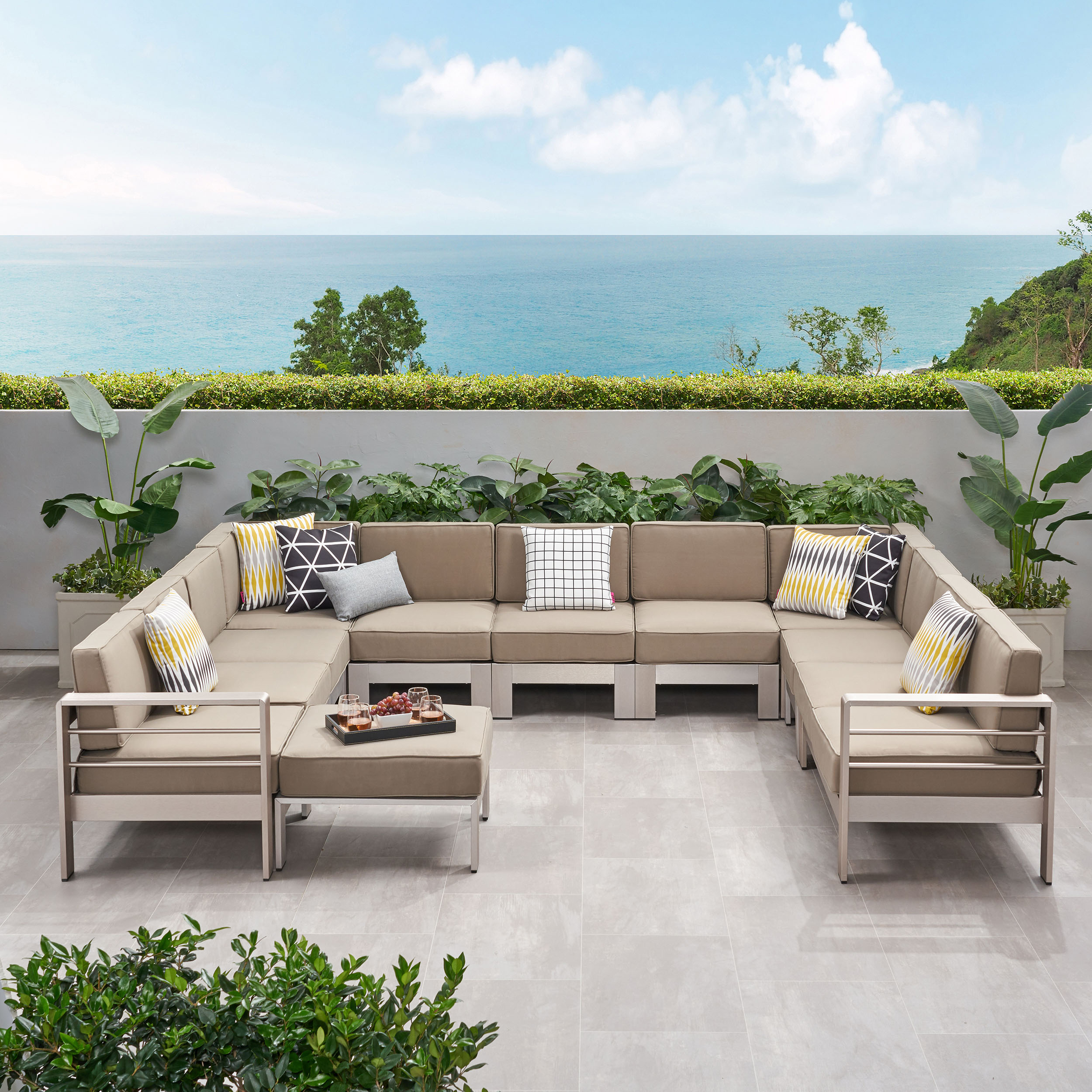 GDF Studio Crested Bay Outdoor Aluminum 11 Seater Sectional Sofa Set with Ottoman, Silver and Khaki