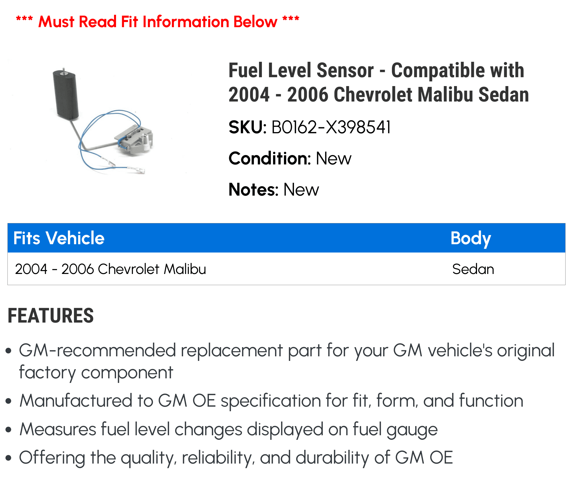 Fuel Level Sensor - Compatible with 2004 - 2006 Chevy Malibu Sedan 2005