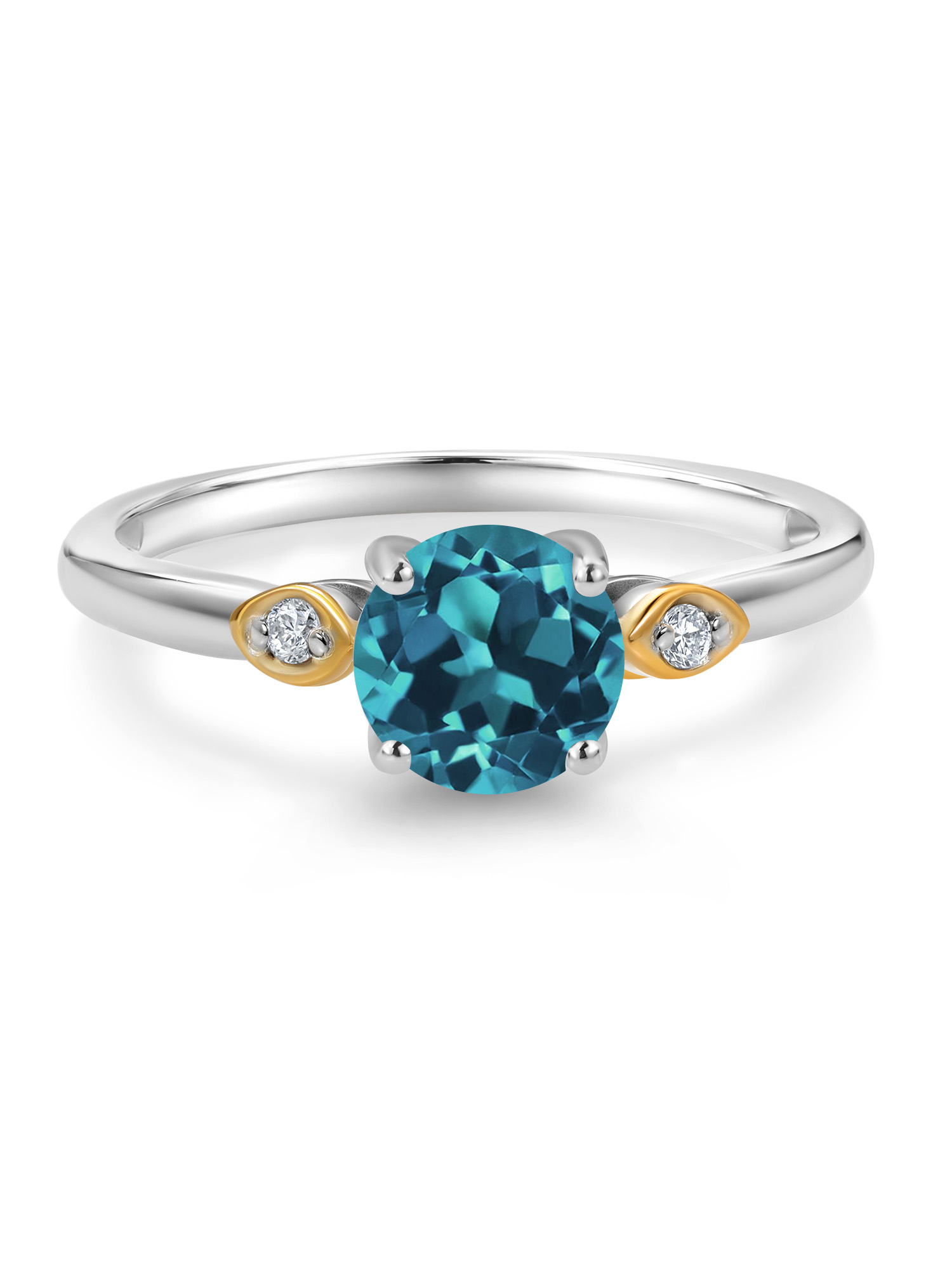 Gem Stone King 925 Silver and 10K Yellow Gold London Blue Topaz and White Lab Grown Diamond 3-Stone Engagement Ring For Women (1.36 Cttw, Gemstone November Birthstone, Size 9)