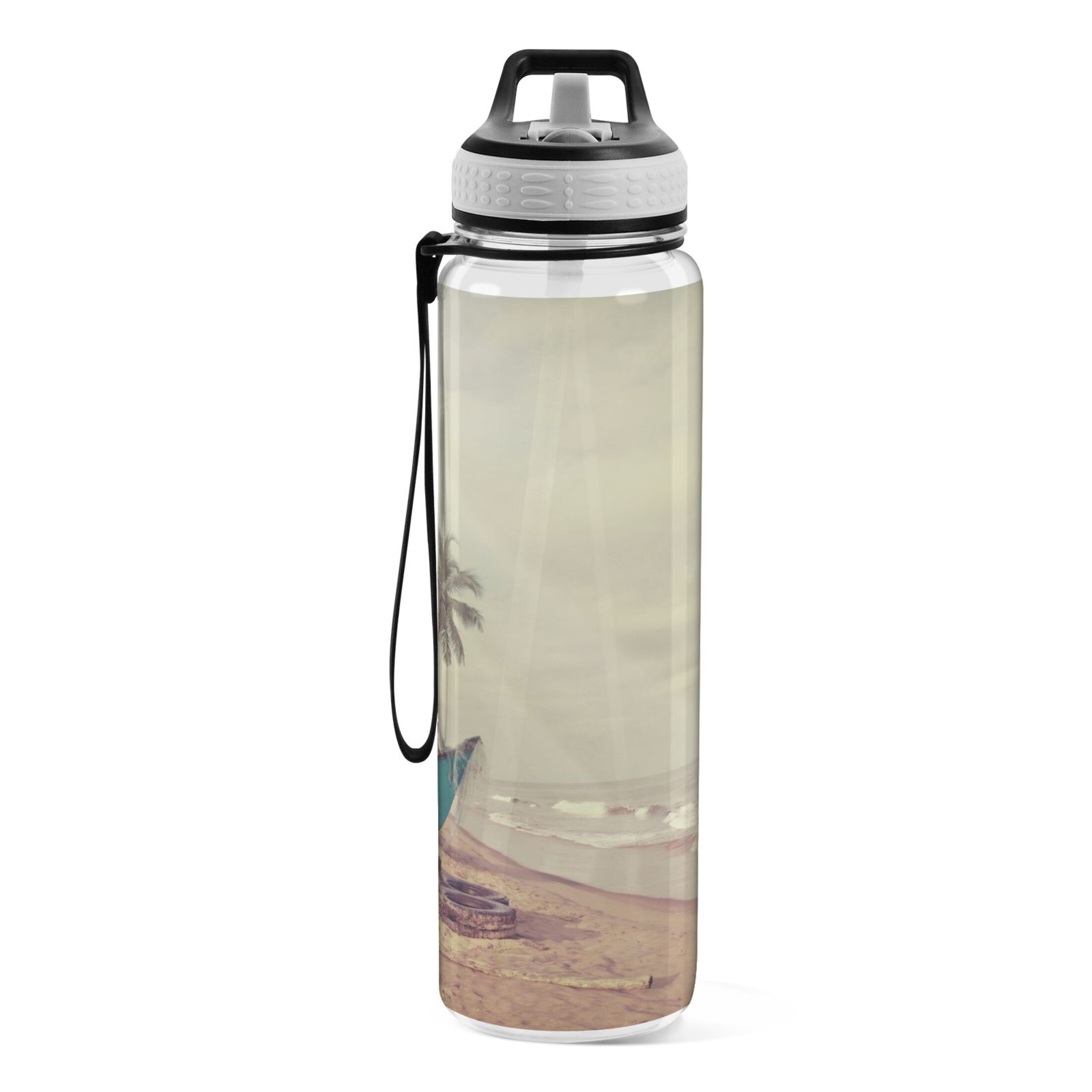 Retro Beach Tropical Tree 32oz Sports Water Bottles Leakproof Tritan Bottle with Straw BPA Free Clear Bottle for Fitness Gym Outdoor Cycling