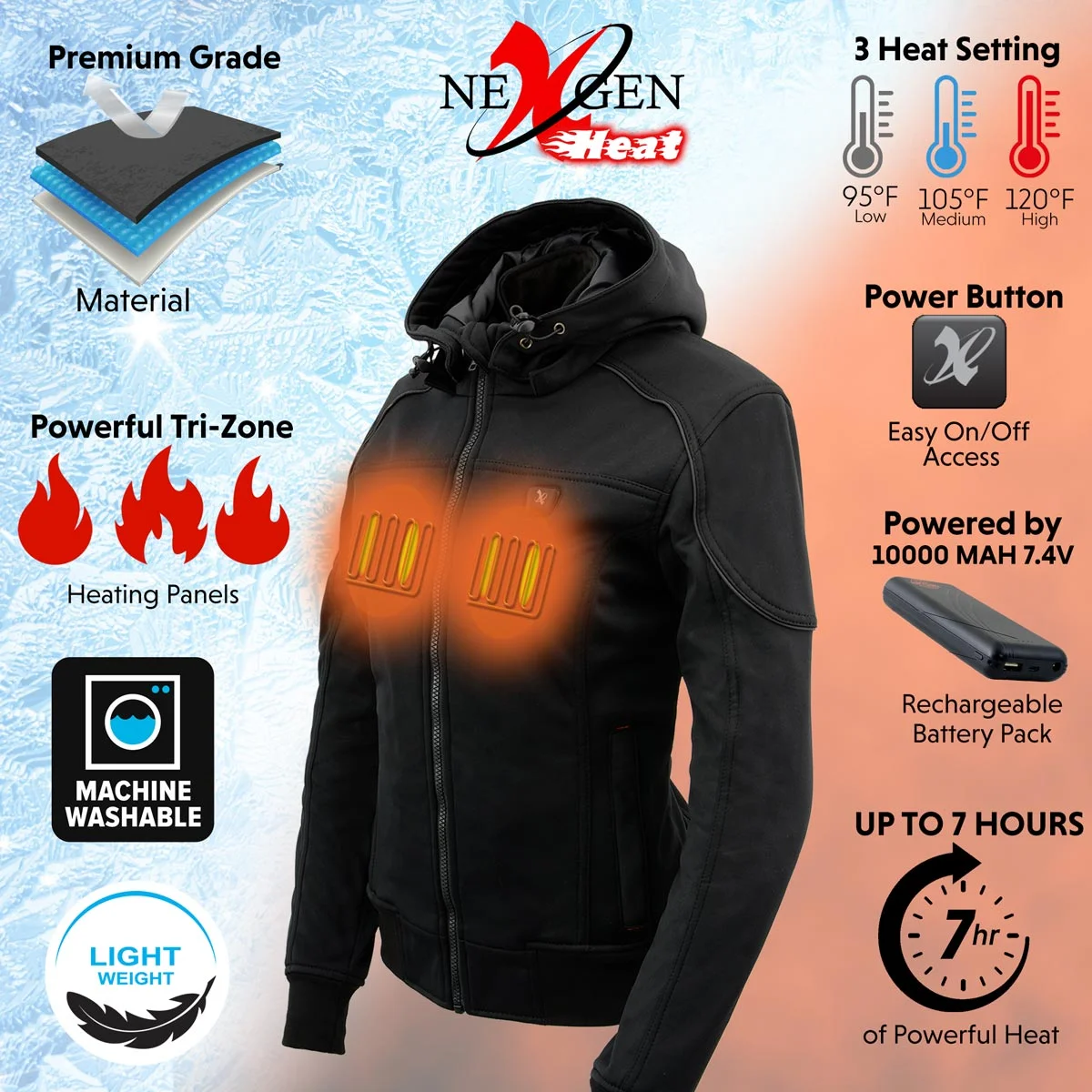 Nexgen Heat MPL2761SET Women's Black 'Heated' Soft Shell Racing Style Jacket for Hiking Riding w/ Battery Medium