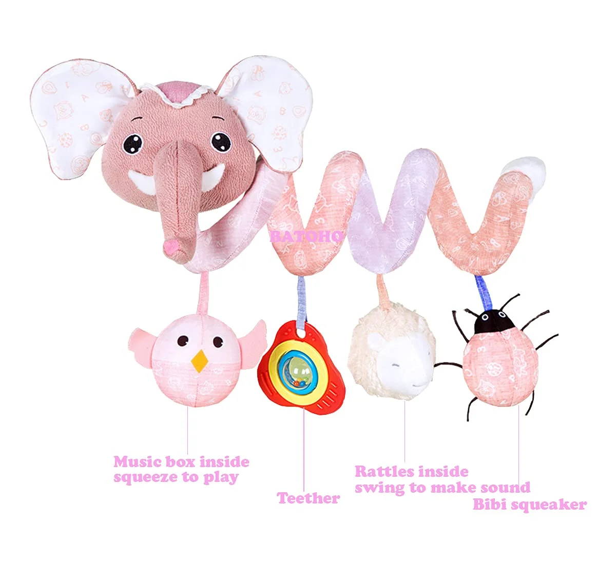 Baby Car Seat Toys, Infant Activity Spiral Plush Toys Hanging Stroller Toys for Baby with Musical Owl Rattle Sheep Beep Ladybug Squeaker - Pink Elephant