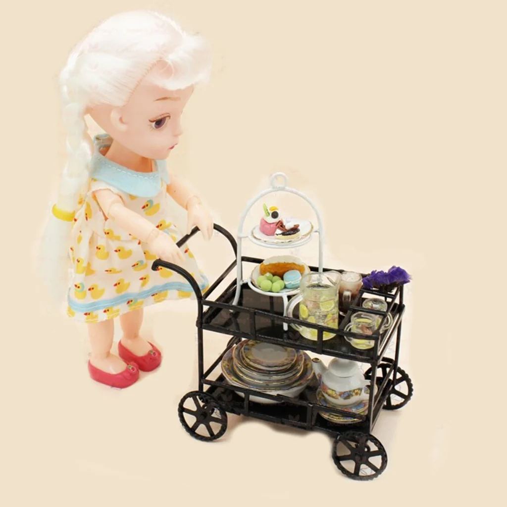 Black Metal 1/12 Dollhouse Miniature Food and Beverage Cart Accs