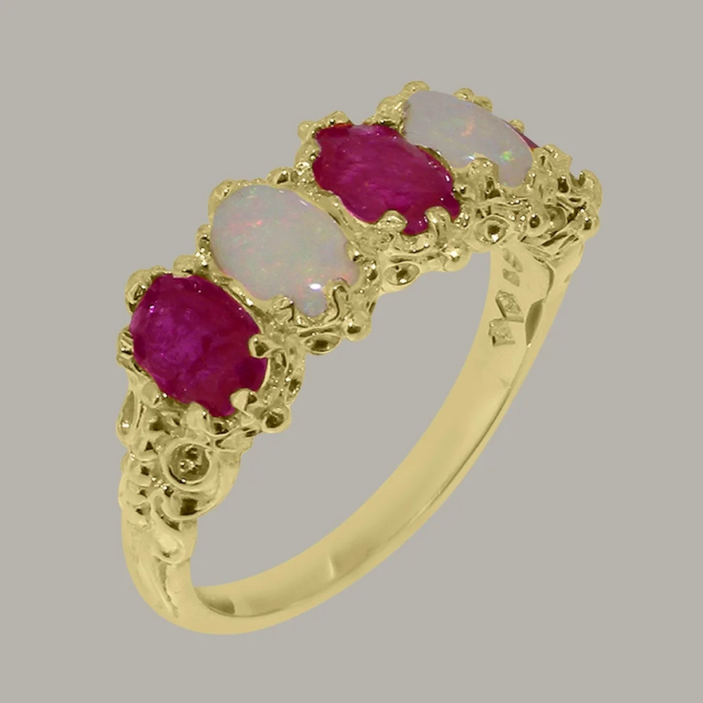 LBG British Made 10k Yellow Gold Natural Ruby & Opal Womens Eternity Ring - 33 size options - Size 10