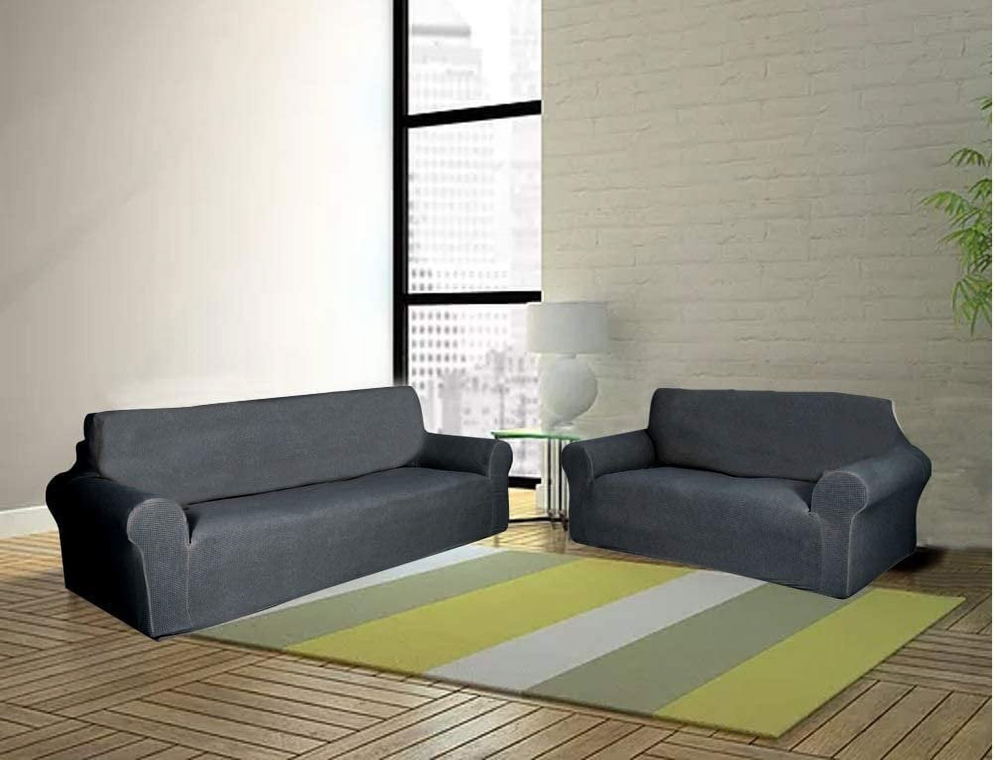 Sapphire Home 2-Piece Brushed Premium SlipCover Set for Sofa Loveseat Couch, Form fit Stretch, Wrinkle Free, Furniture Protector cover set for 3/2 Cushions, Polyester Spandex, 2pc, Brushed, Light Gray