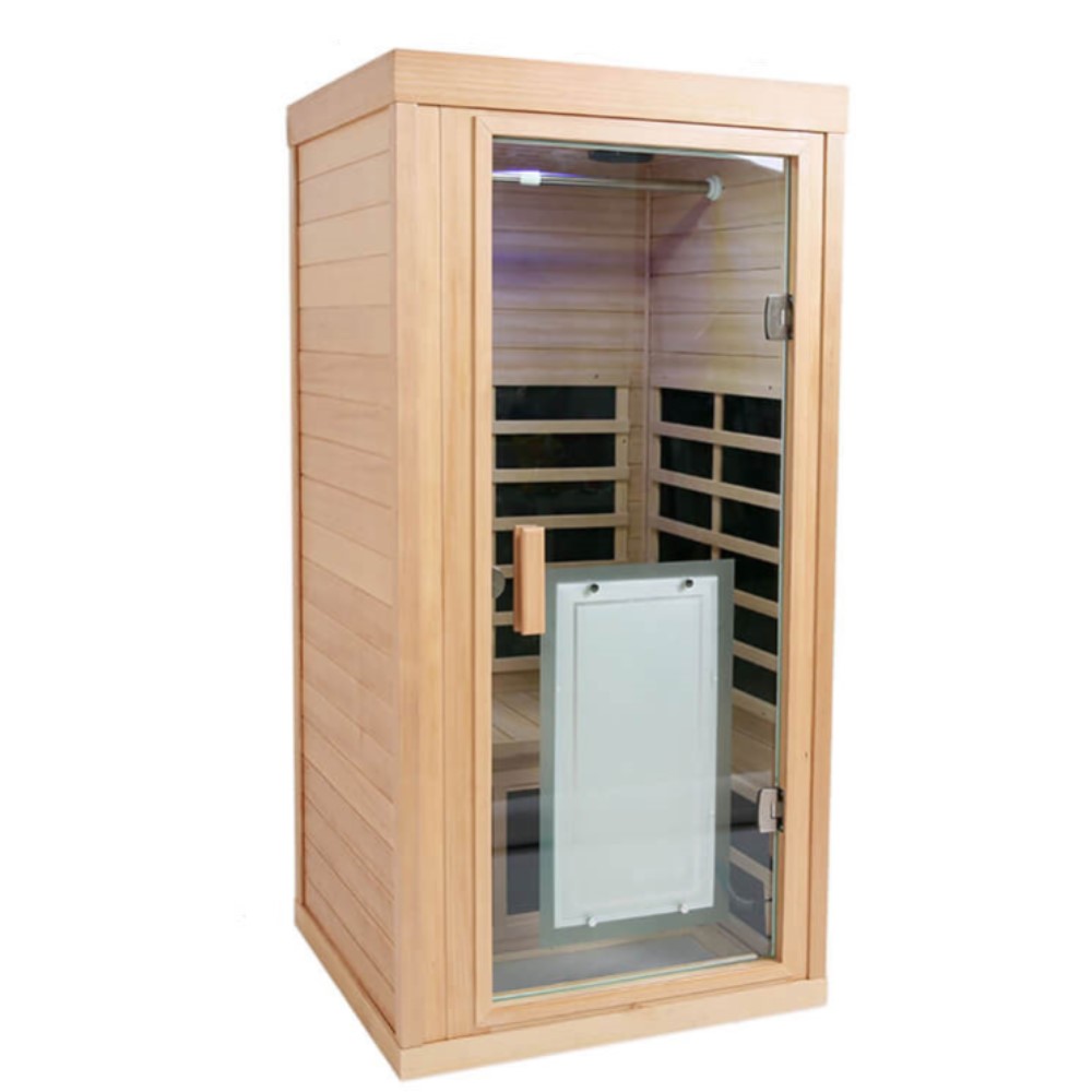 Xmatch Far Infrared Wooden Sauna Room, 1-Person Size, with 1350W, 8 Low EMF Heaters, 10 Minutes Pre-Warm up, Time and Temp Pre-Set, 2 Bluetooth Speakers, 1 LED Reading Lamp and Clothing Hanging Rod