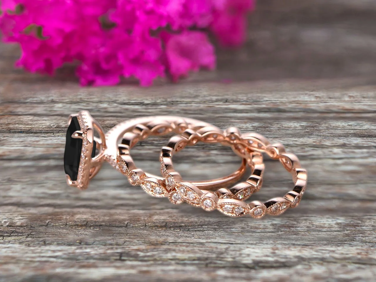 Milgrain Trio Set 7x5mm Emerald Cut 2.75 Carat Black Diamond Moissanite Wedding Set Engagement Ring Anniversary Ring 14k Rose Gold Art Deco Shining Startling Ring